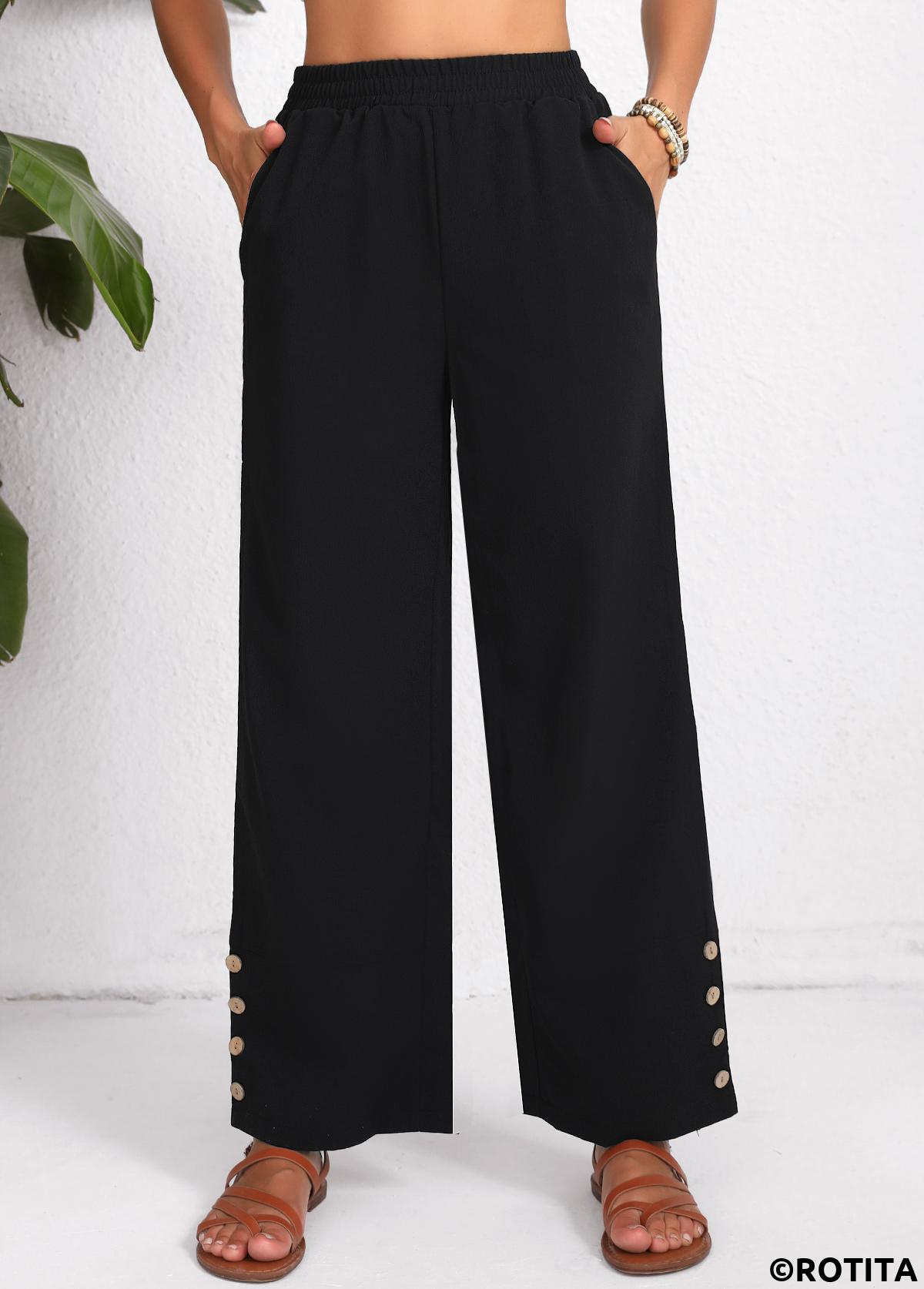 Black bottoms,Plain Color bottoms,Button Elastic Waist High Waisted Black Pants