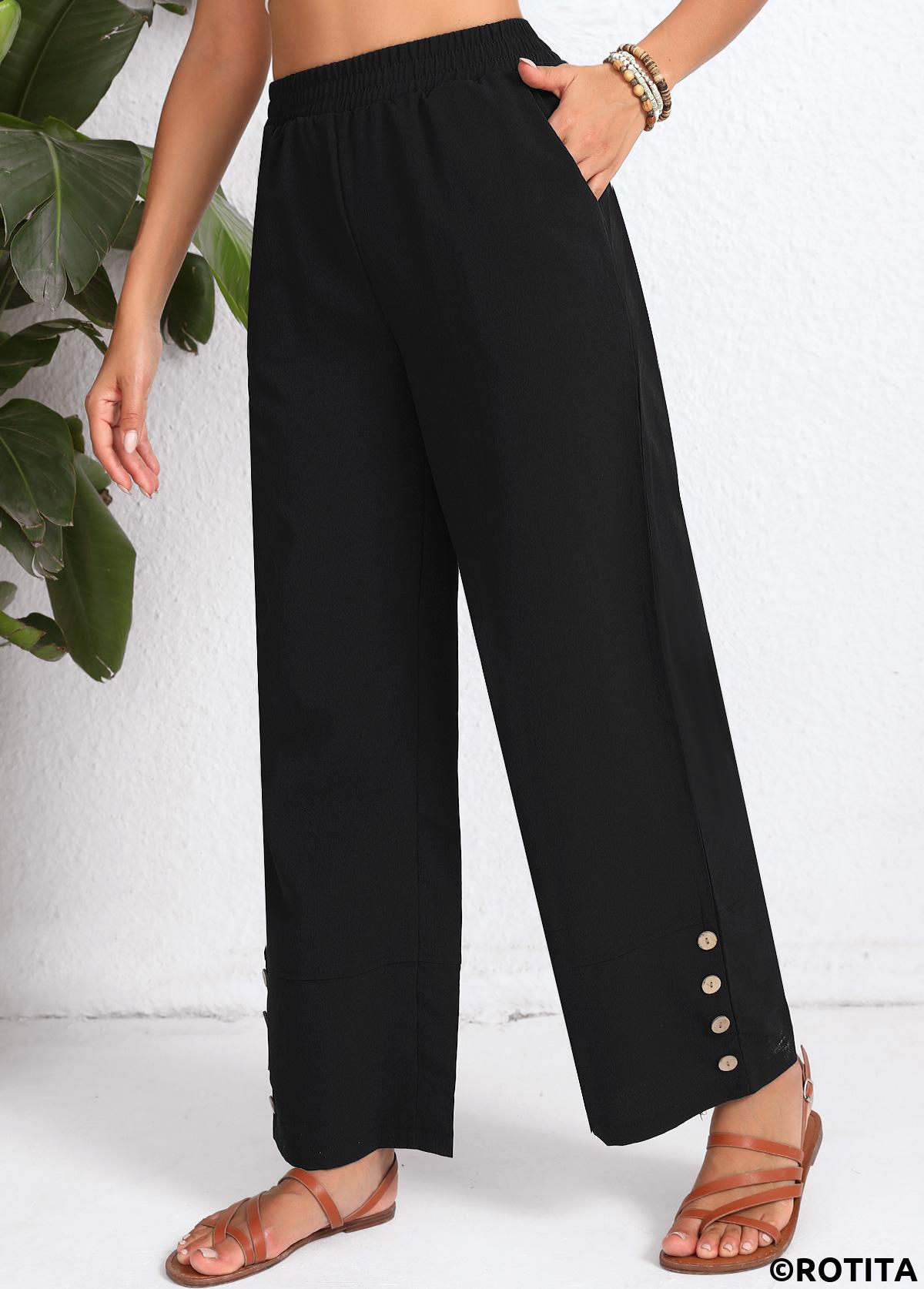 Black bottoms,Plain Color bottoms,Button Elastic Waist High Waisted Black Pants