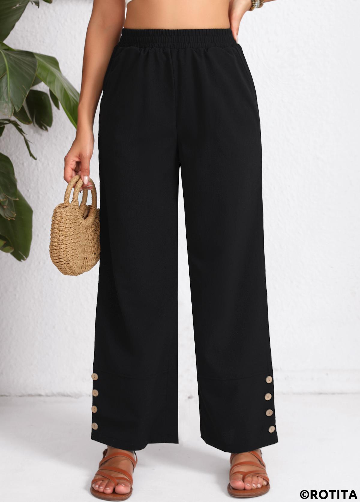 Black bottoms,Plain Color bottoms,Button Elastic Waist High Waisted Black Pants