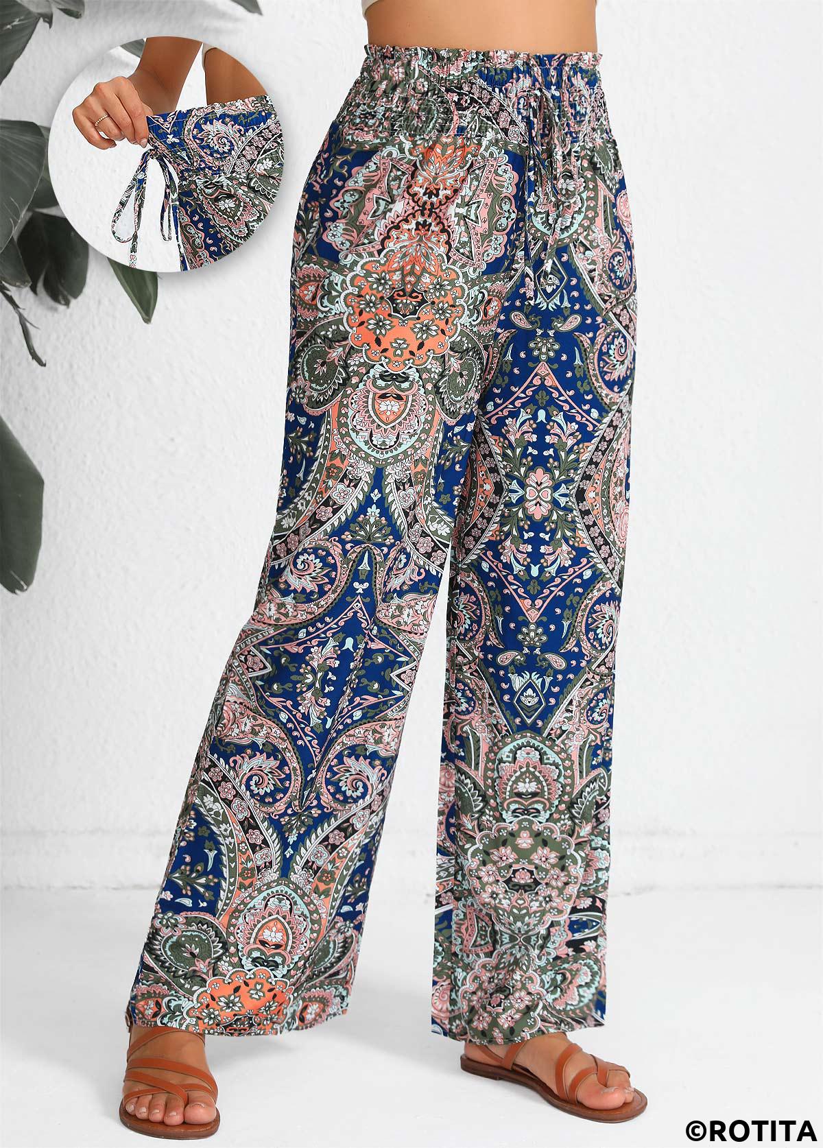 Blue bottoms,Multi Color bottoms,Tribal bottoms,Paisley bottoms,Floral bottoms,Plants bottoms,Smocked Tribal Print Blue Elastic Waist High Waisted Pants