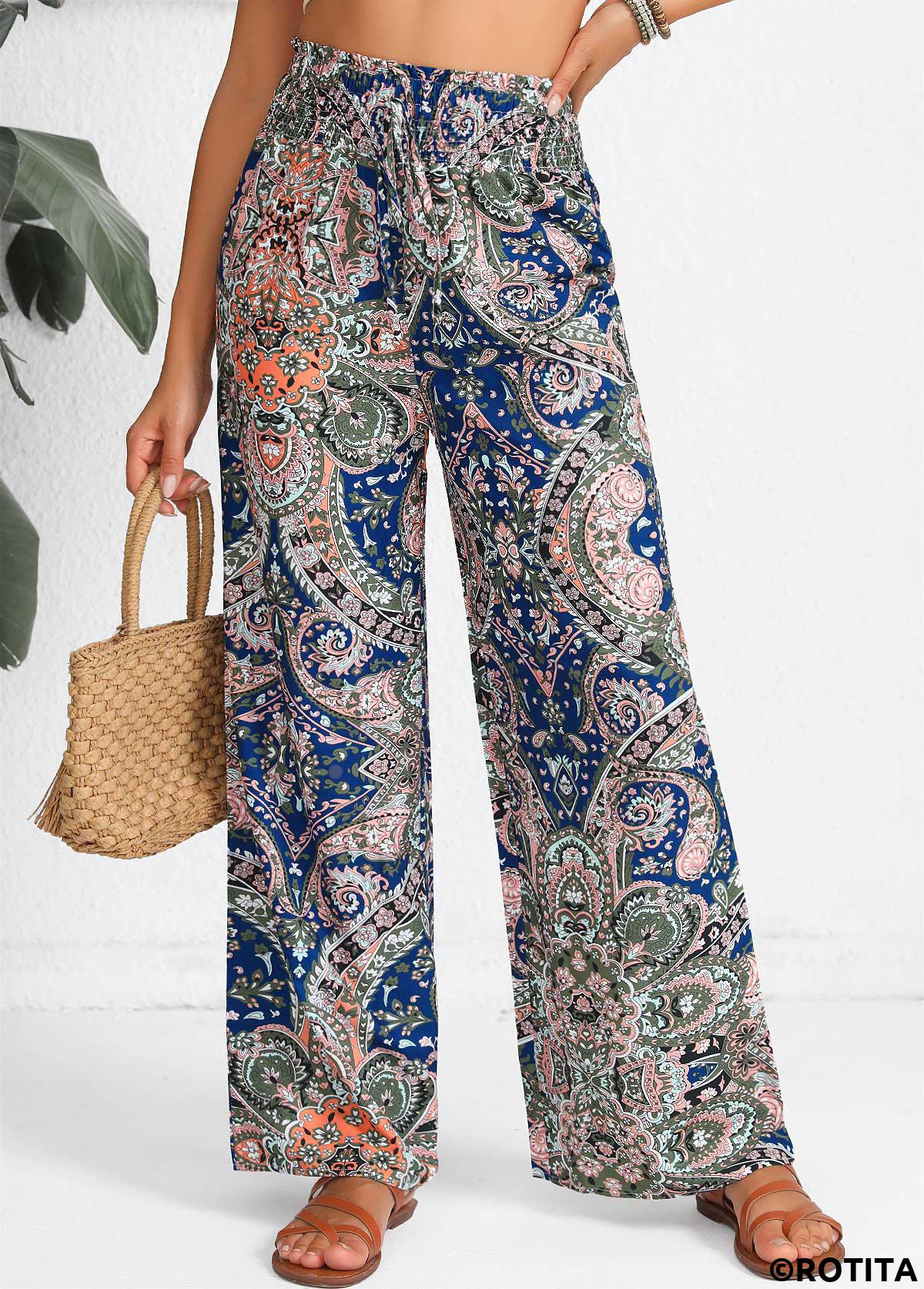Blue bottoms,Multi Color bottoms,Tribal bottoms,Paisley bottoms,Floral bottoms,Plants bottoms,Smocked Tribal Print Blue Elastic Waist High Waisted Pants