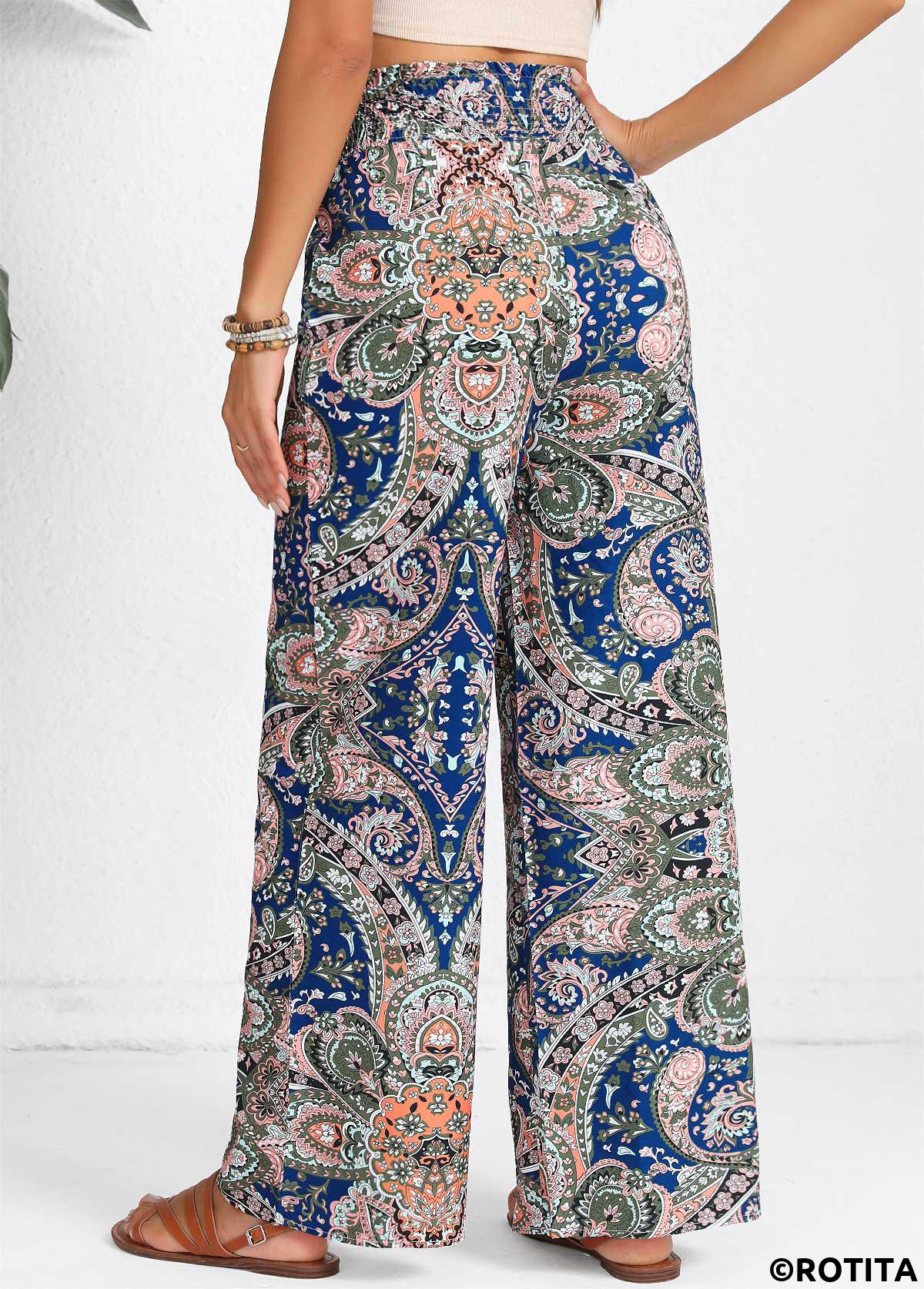 Blue bottoms,Multi Color bottoms,Tribal bottoms,Paisley bottoms,Floral bottoms,Plants bottoms,Smocked Tribal Print Blue Elastic Waist High Waisted Pants
