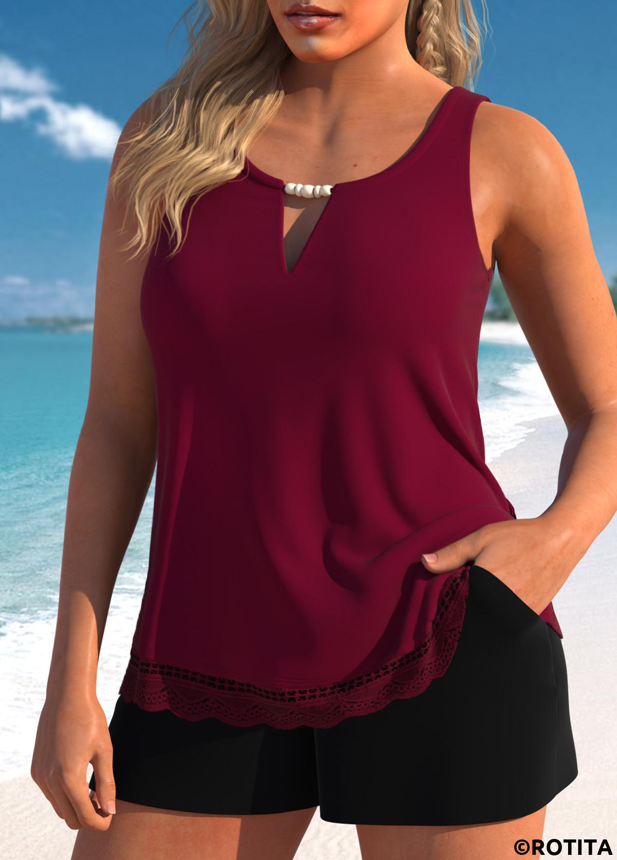 Wine Red swimwear,Plain Color swimwear,ROTITA Lace Wine Red Cutout Tankini Set