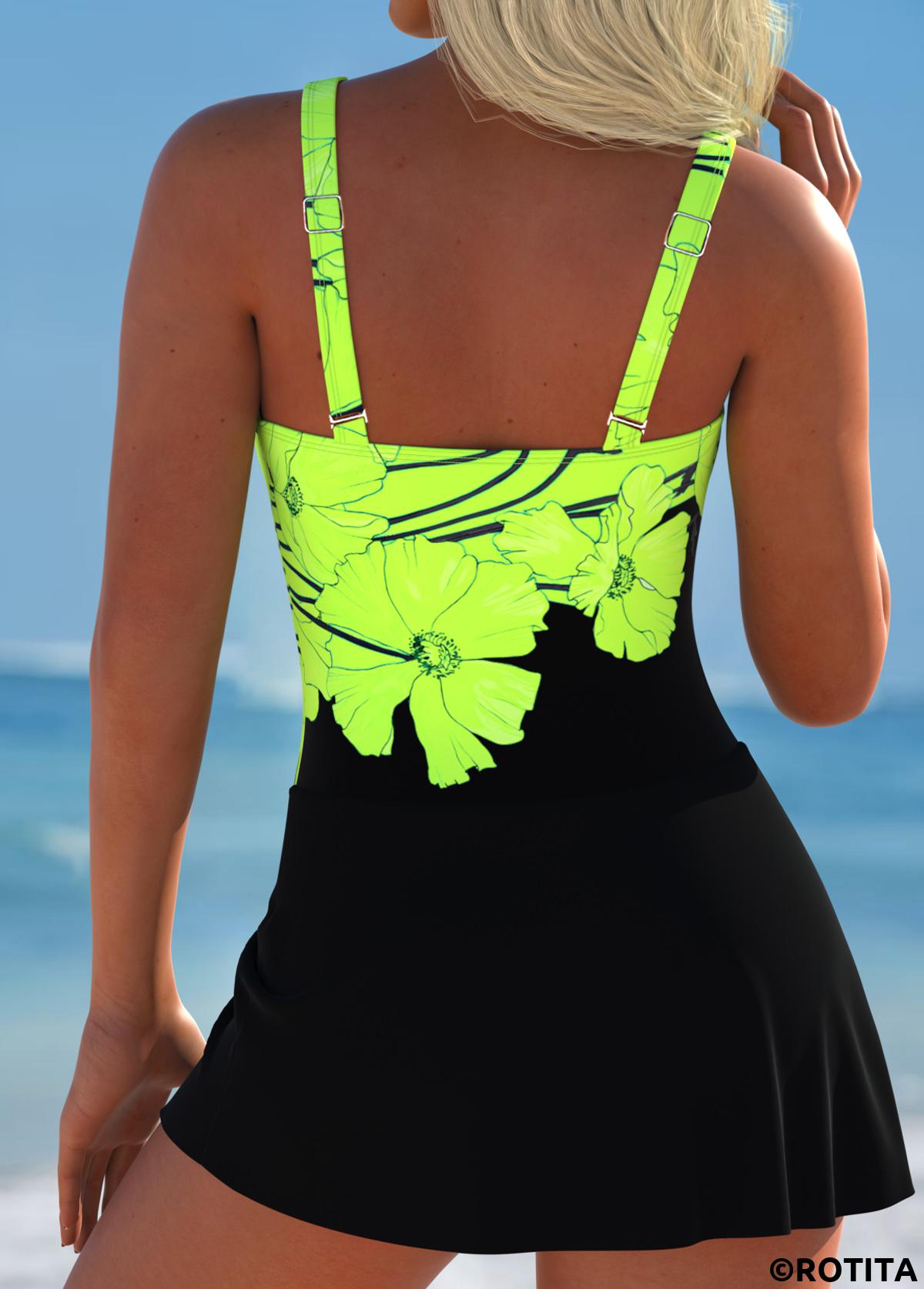 Neon Green swimwear,Black swimwear,Floral swimwear,Plants swimwear,ROTITA Tie Neon Green Floral Print One Piece Swimdress