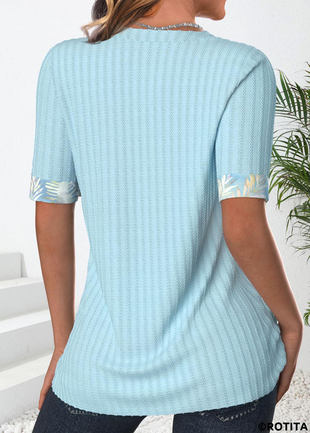 Light Blue tops,Plants tops,ROTITA Patchwork Leaf Print Light Blue Fake Two Piece Twinset