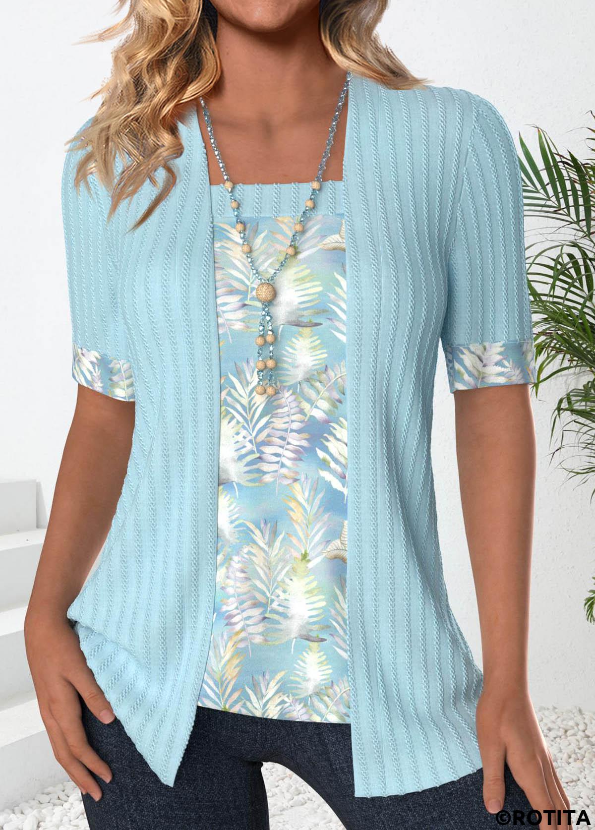 Light Blue tops,Plants tops,ROTITA Patchwork Leaf Print Light Blue Fake Two Piece Twinset