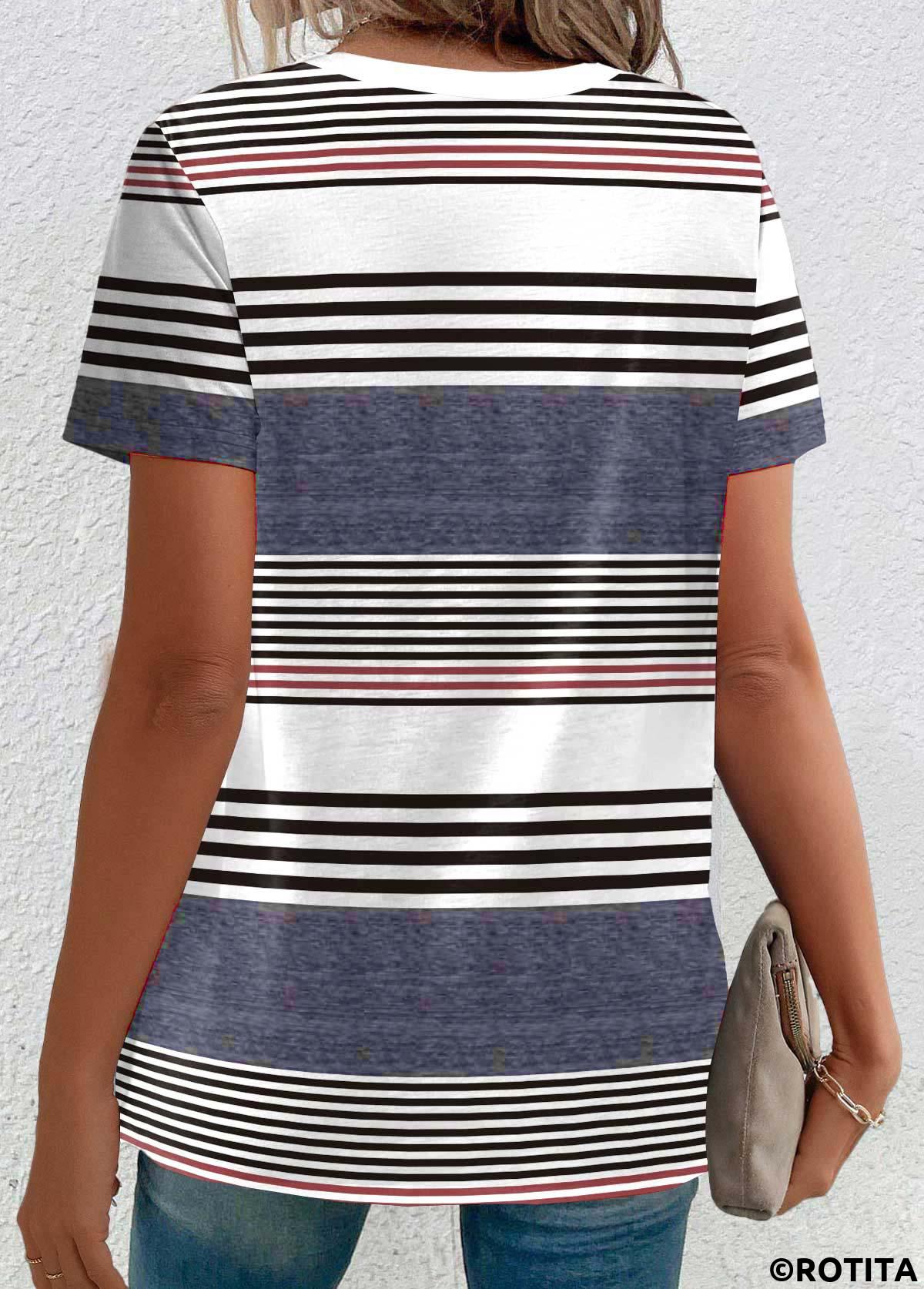 Dusty Blue tops,Multi Color tops,Striped tops,Geometric tops,ROTITA Plus Size Button Dusty Blue Striped T Shirt