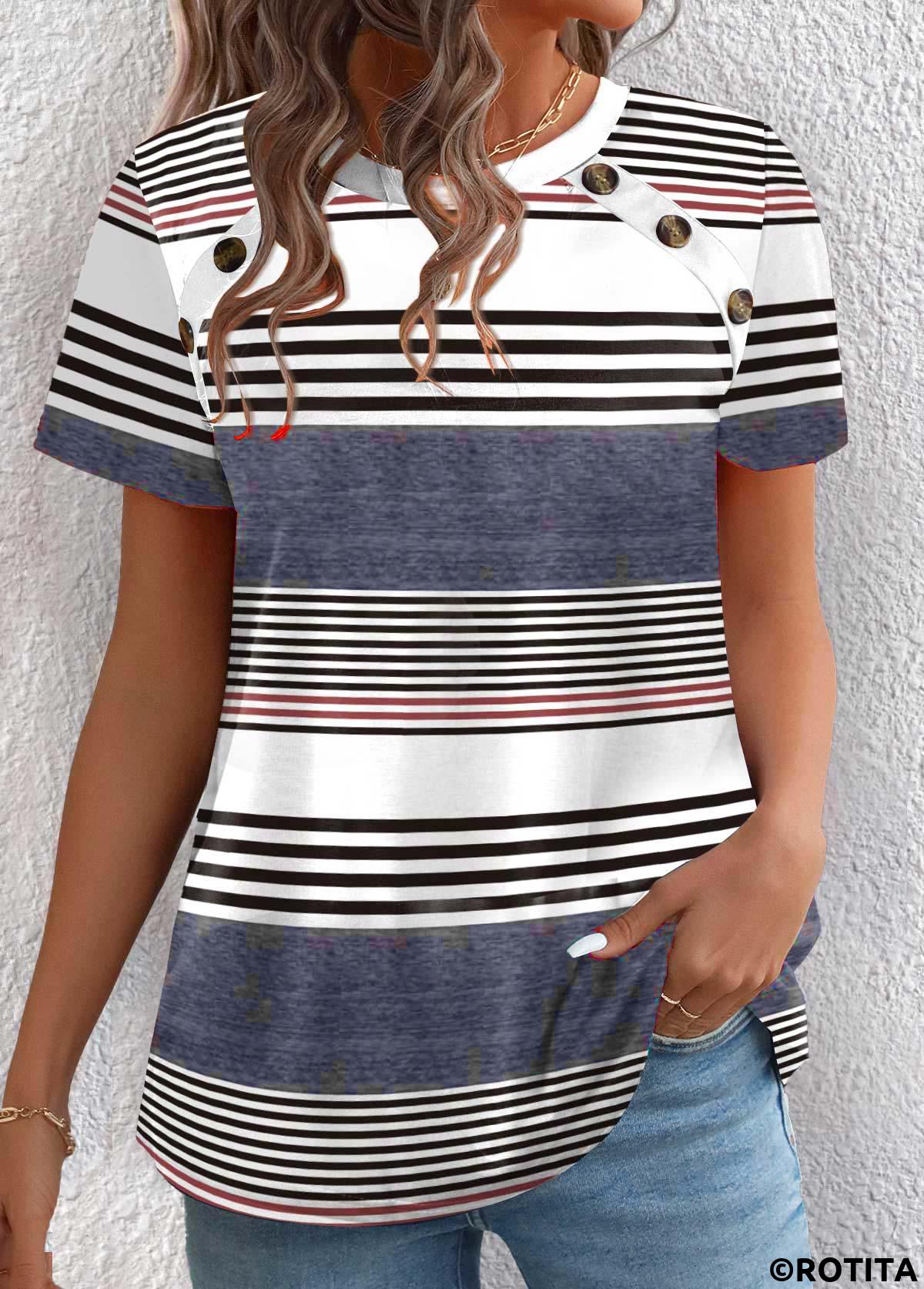 Dusty Blue plus size,Multi Color plus size,Striped plus size,Geometric plus size,ROTITA Plus Size Button Dusty Blue Striped T Shirt
