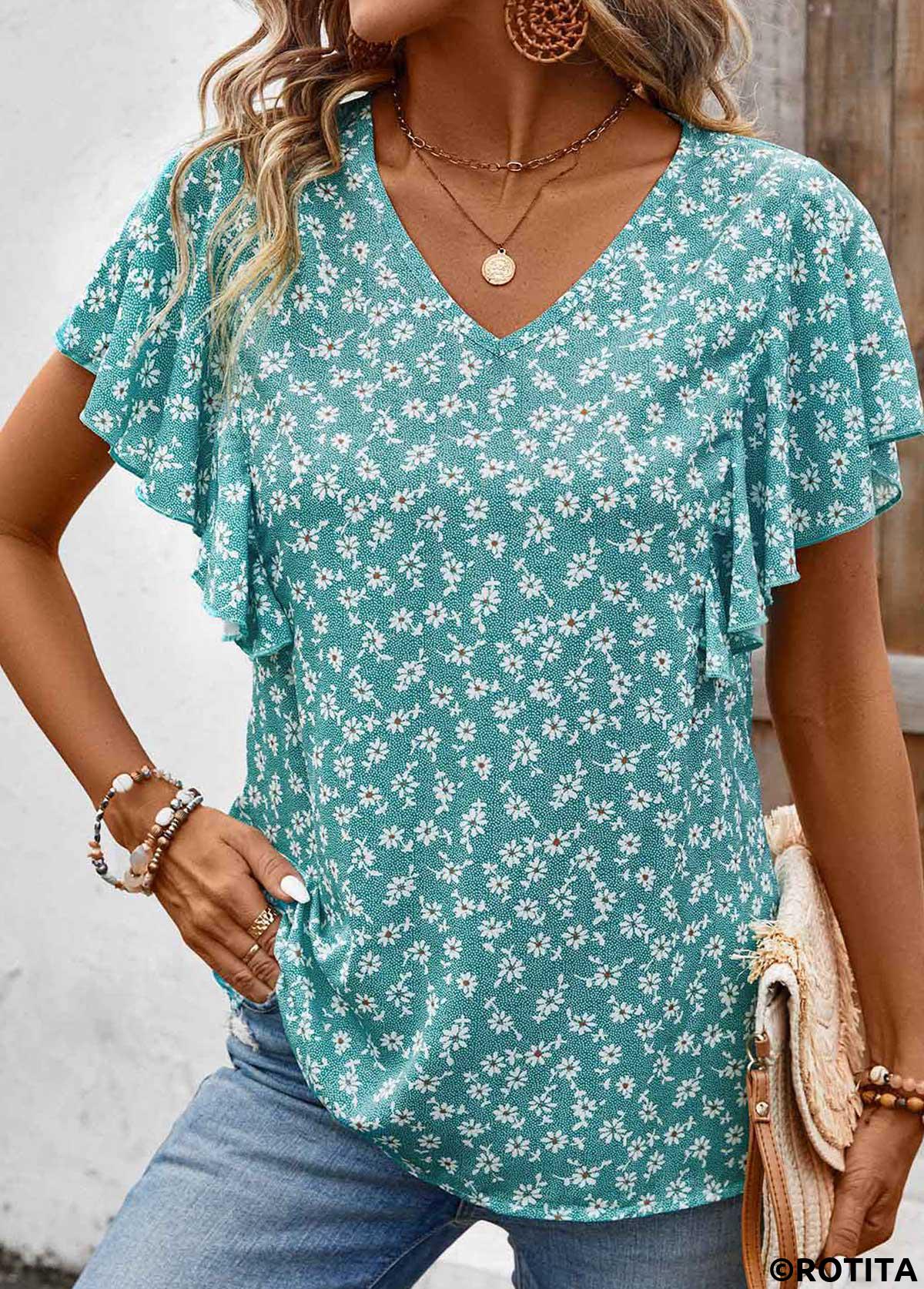 Mint Green tops,Ditsy Floral tops,ROTITA Ruffle Ditsy Floral Print Mint Green V Neck Blouse