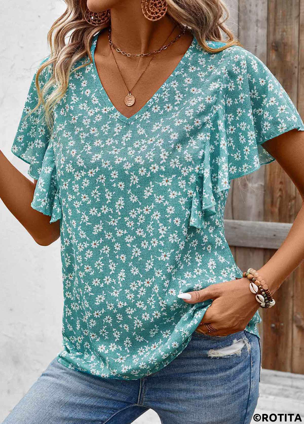 Mint Green tops,Ditsy Floral tops,ROTITA Ruffle Ditsy Floral Print Mint Green V Neck Blouse