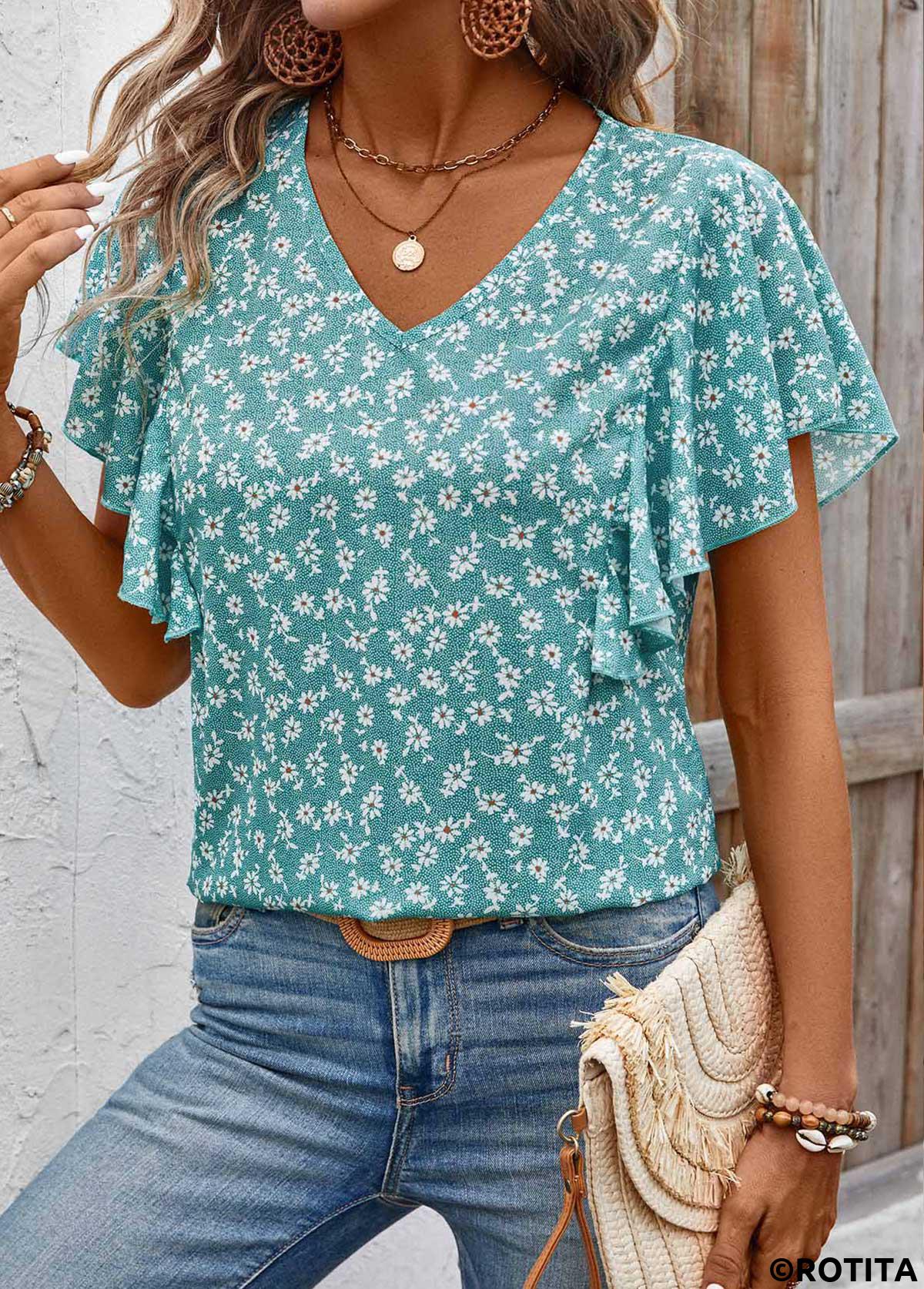 Mint Green tops,Ditsy Floral tops,ROTITA Ruffle Ditsy Floral Print Mint Green V Neck Blouse