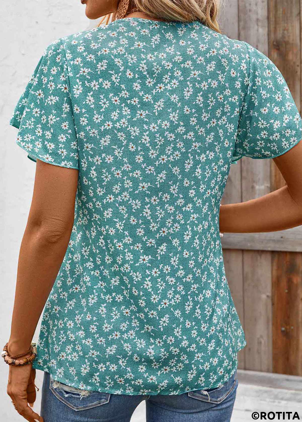 Mint Green tops,Ditsy Floral tops,ROTITA Ruffle Ditsy Floral Print Mint Green V Neck Blouse