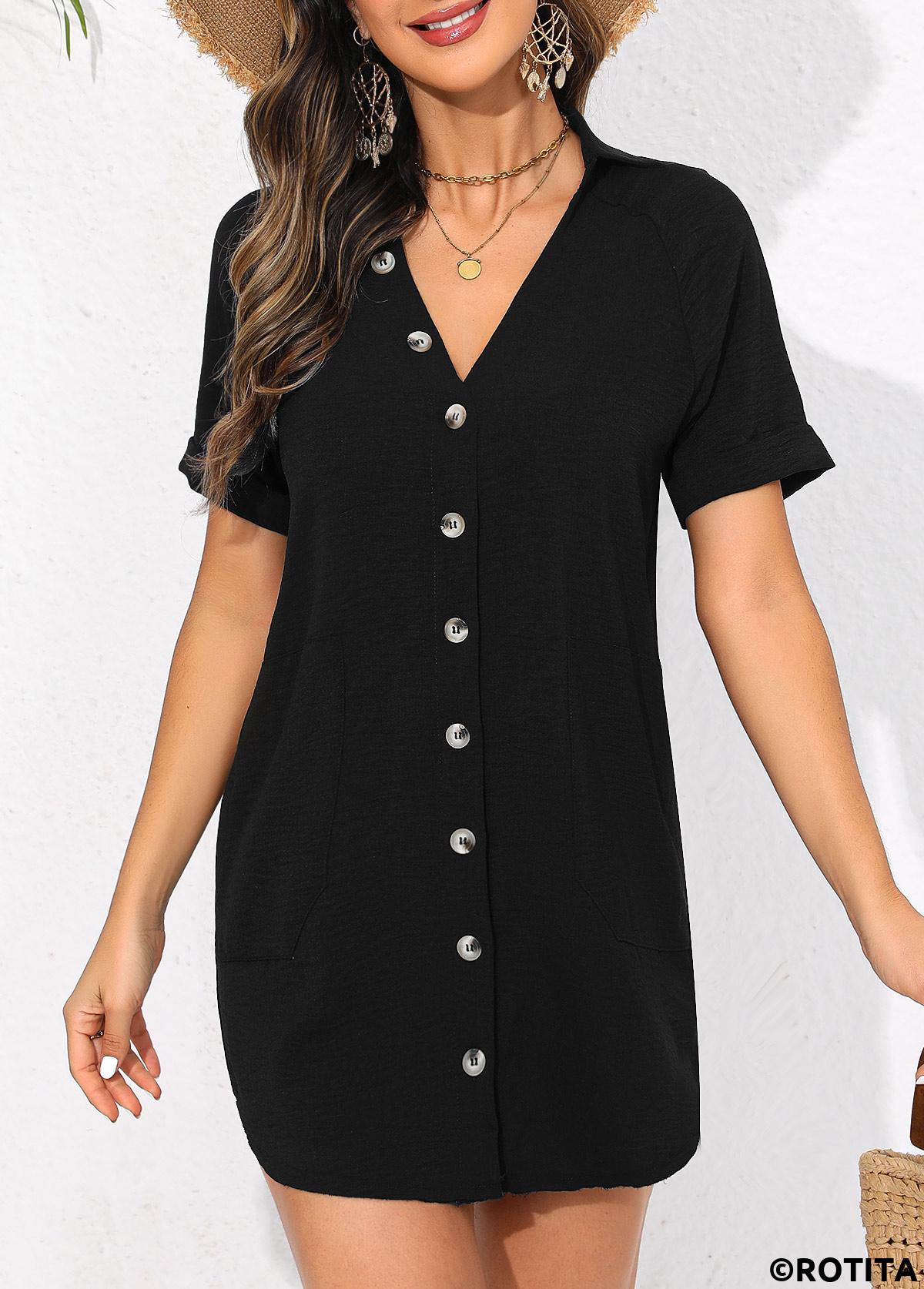 Black swimwear,Plain Color swimwear,Button V Neck Black Cover Up