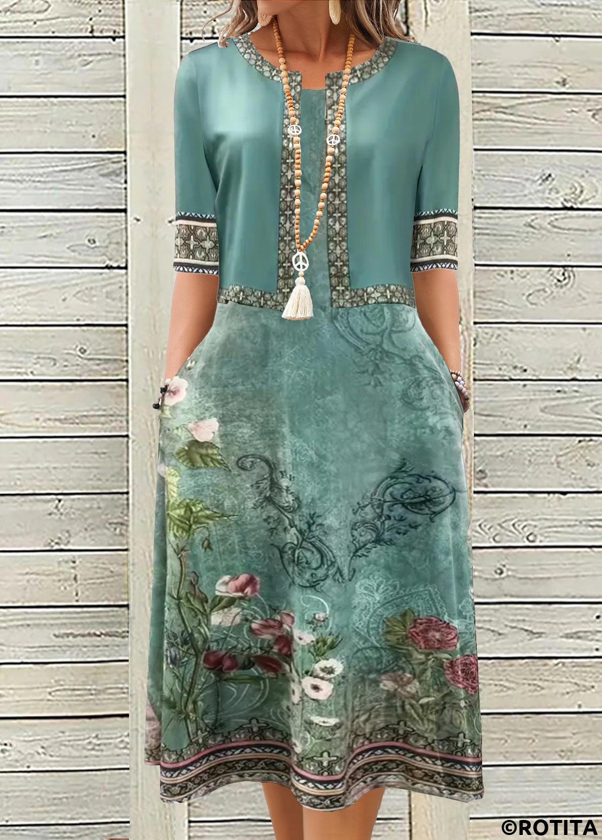 Turquoise dresses,Floral dresses,Plants dresses,Everyday dresses,Casual dresses,ROTITA Two Piece Floral Print Turquoise Dress and Cardigan