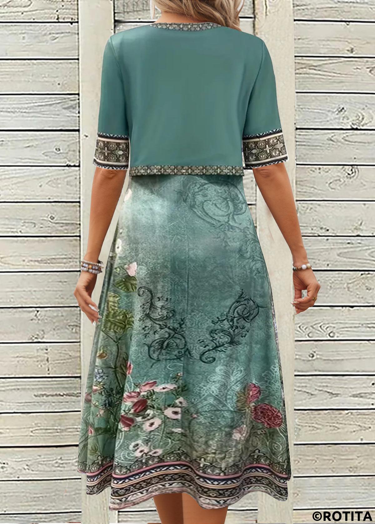 Turquoise dresses,Floral dresses,Plants dresses,Everyday dresses,Casual dresses,ROTITA Two Piece Floral Print Turquoise Dress and Cardigan