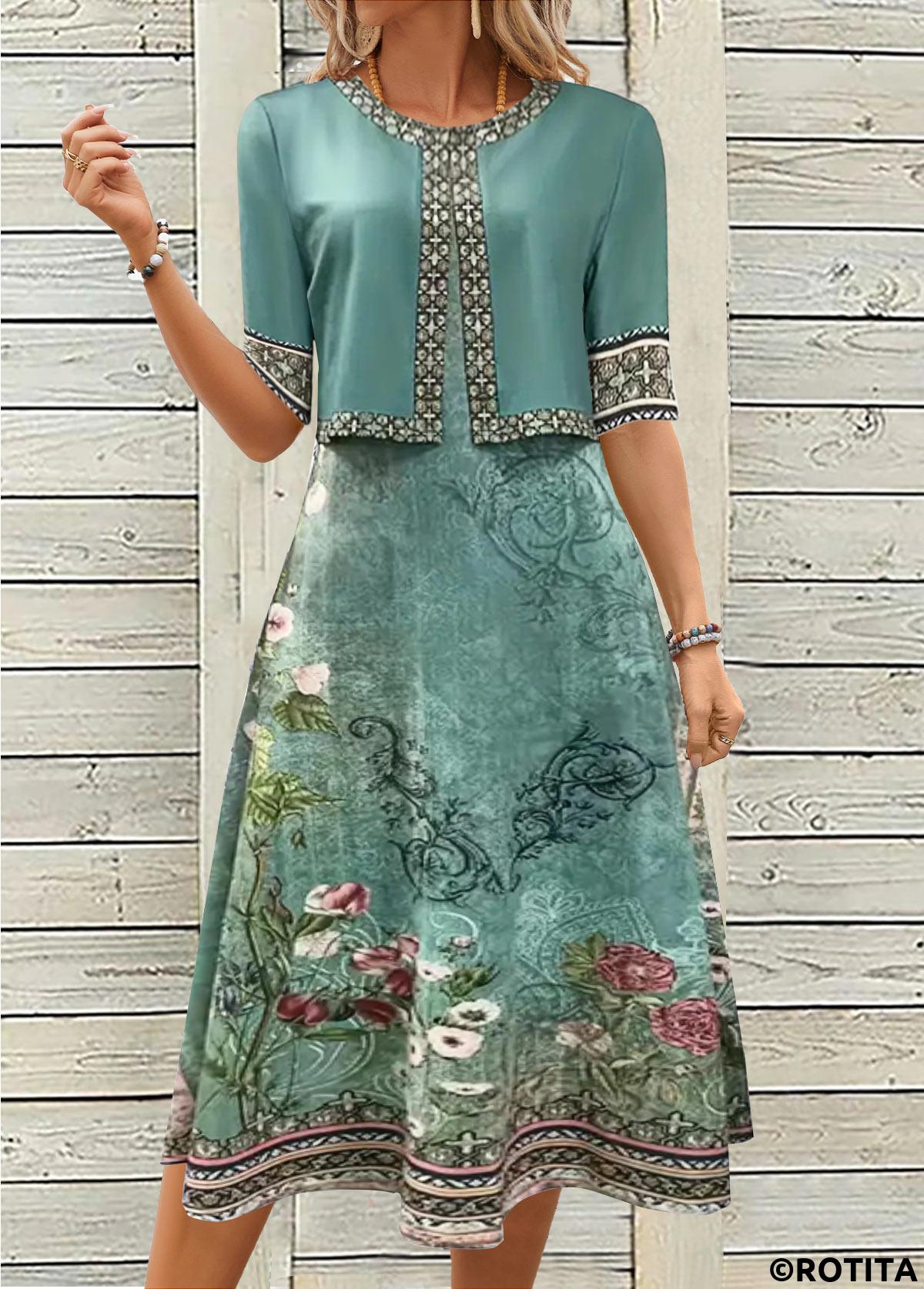 Turquoise dresses,Floral dresses,Plants dresses,Everyday dresses,Casual dresses,ROTITA Two Piece Floral Print Turquoise Dress and Cardigan