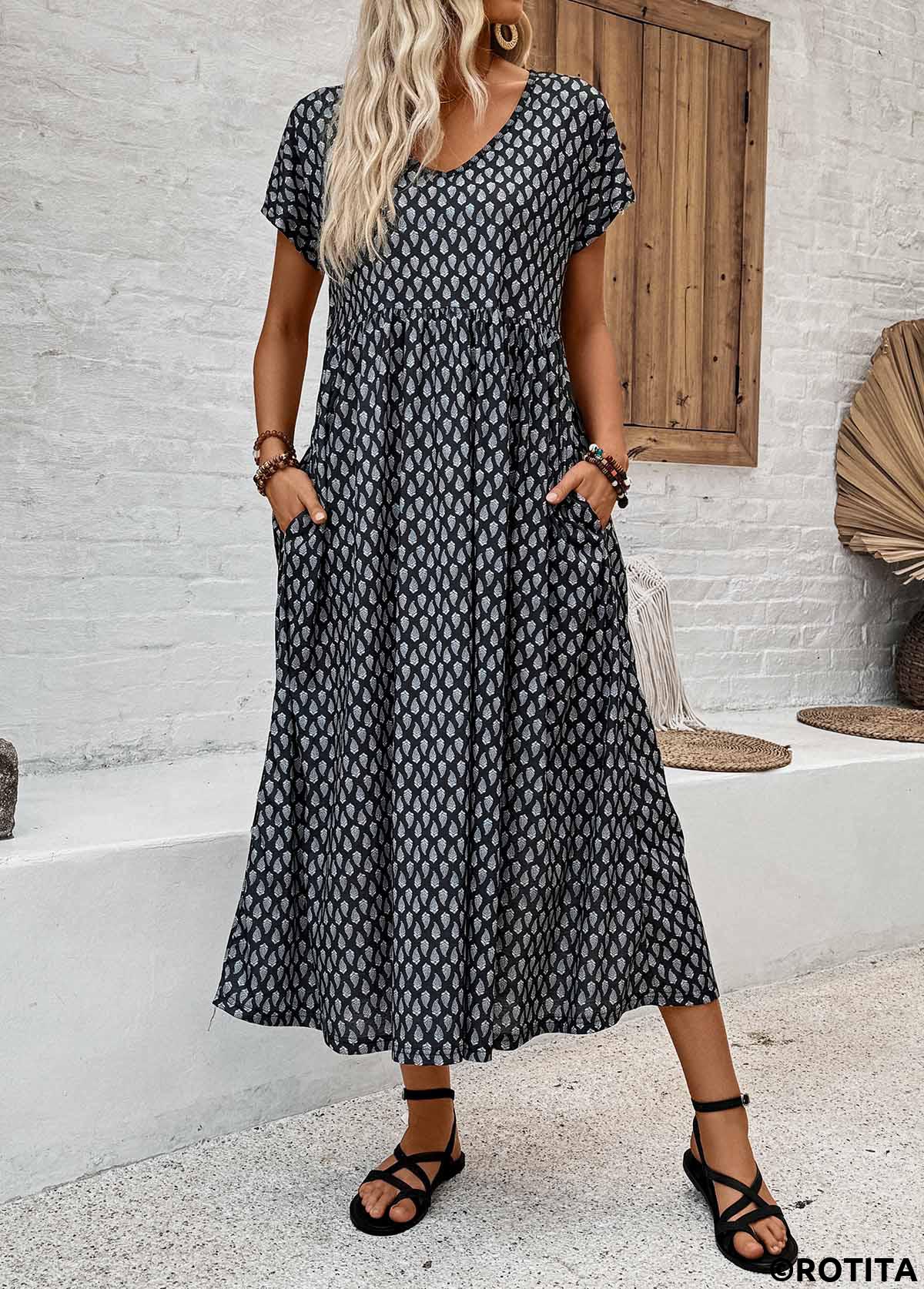 Black dresses,Geometric dresses,Everyday dresses,Casual dresses,ROTITA Pocket Geometric Print Black V Neck Short Sleeve Dress