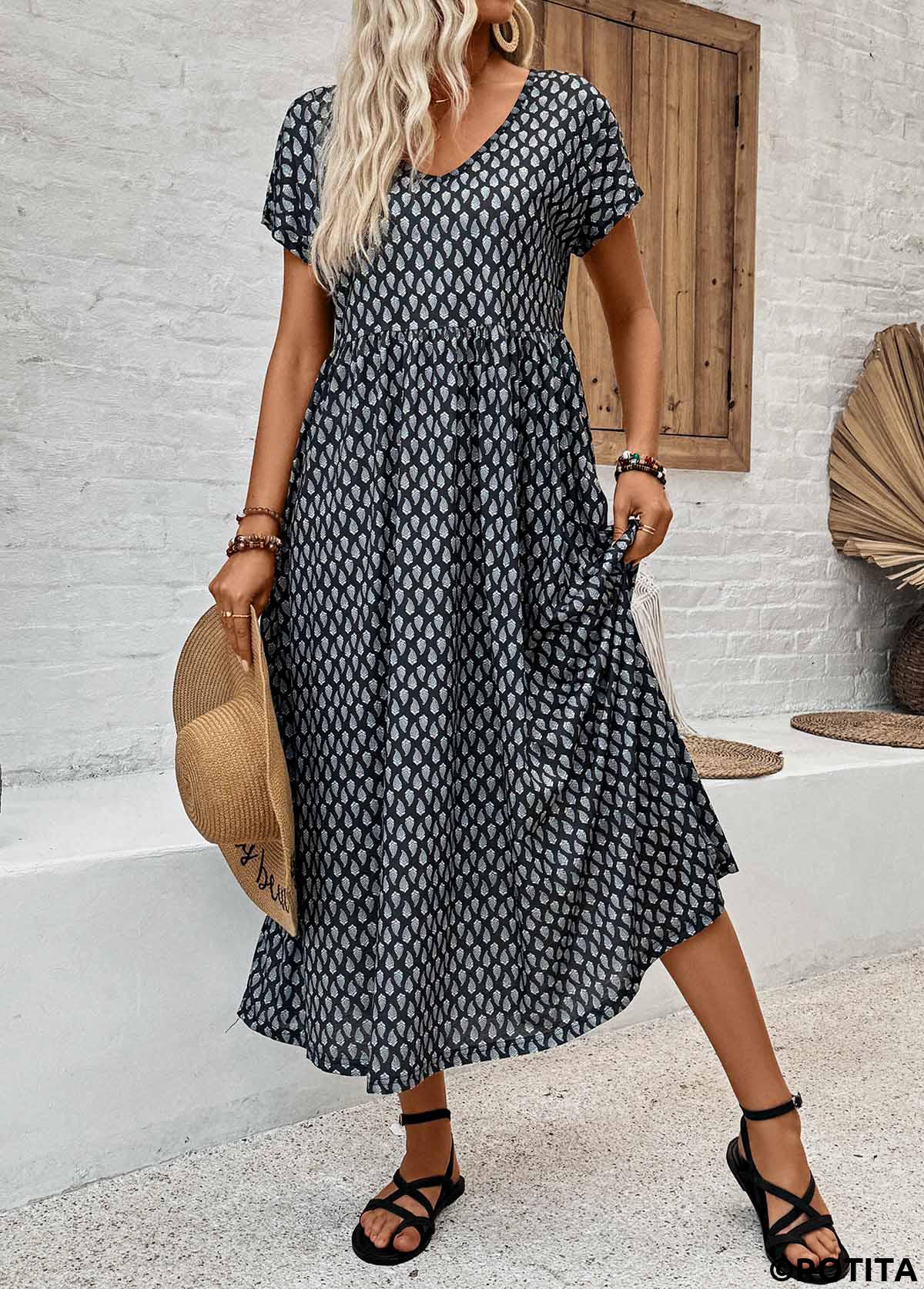 Black dresses,Geometric dresses,Everyday dresses,Casual dresses,ROTITA Pocket Geometric Print Black V Neck Short Sleeve Dress