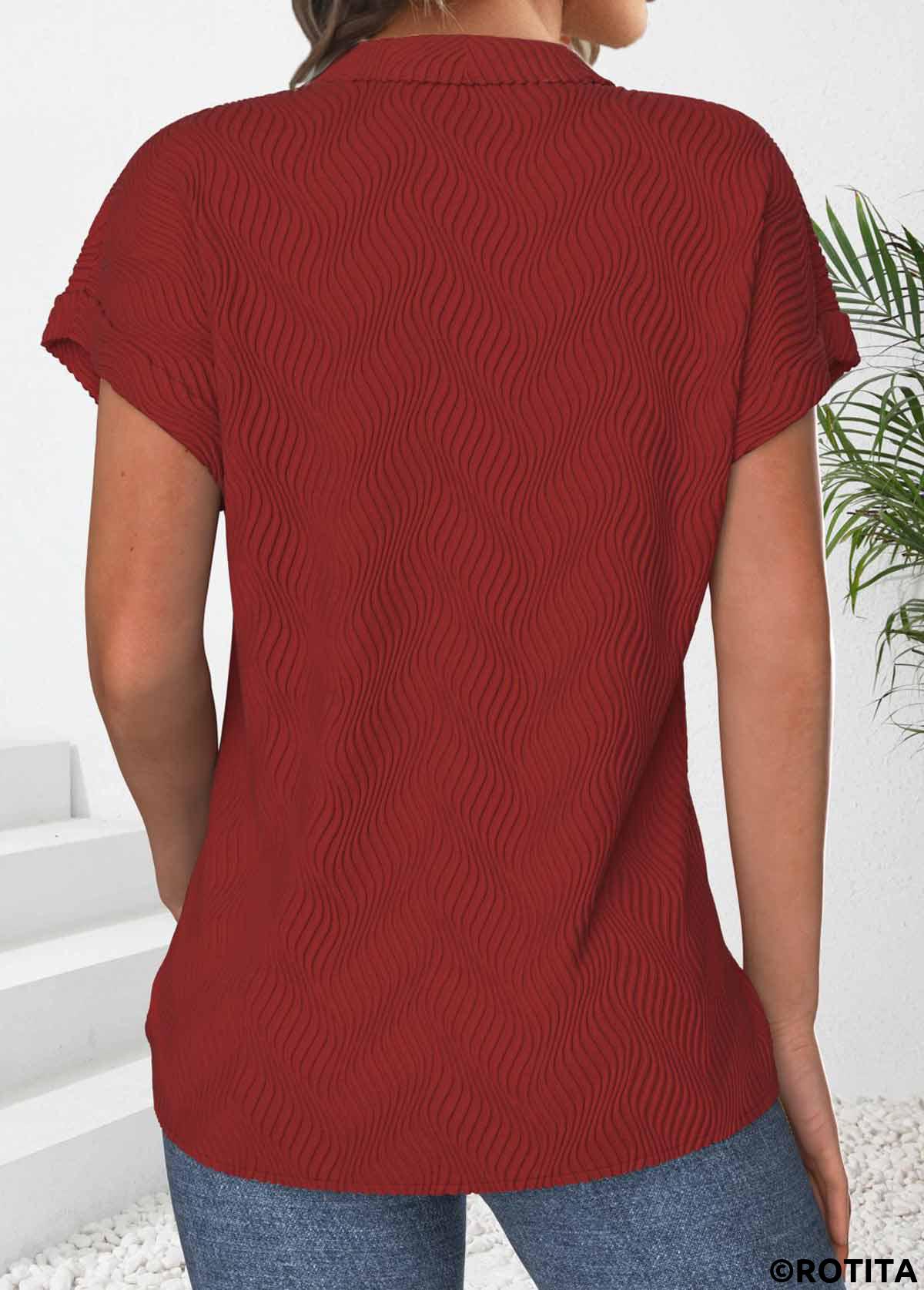 Wine Red tops,Plain Color tops,ROTITA Zipper Wine Red Polo Collar Short Sleeve Shirt