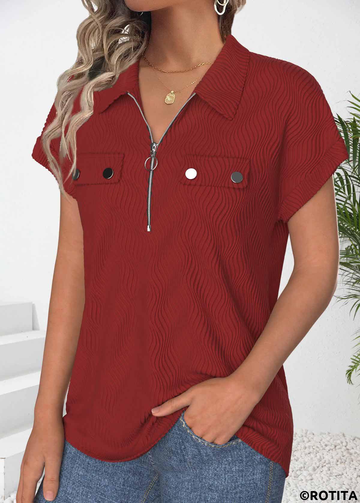 Wine Red tops,Plain Color tops,ROTITA Zipper Wine Red Polo Collar Short Sleeve Shirt