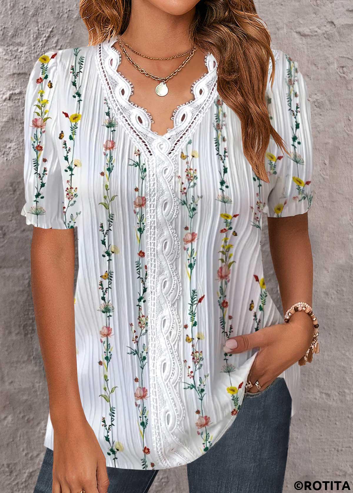 White tops,Floral tops,Plants tops,ROTITA Embroidery Floral Print White V Neck Short Sleeve Blouse