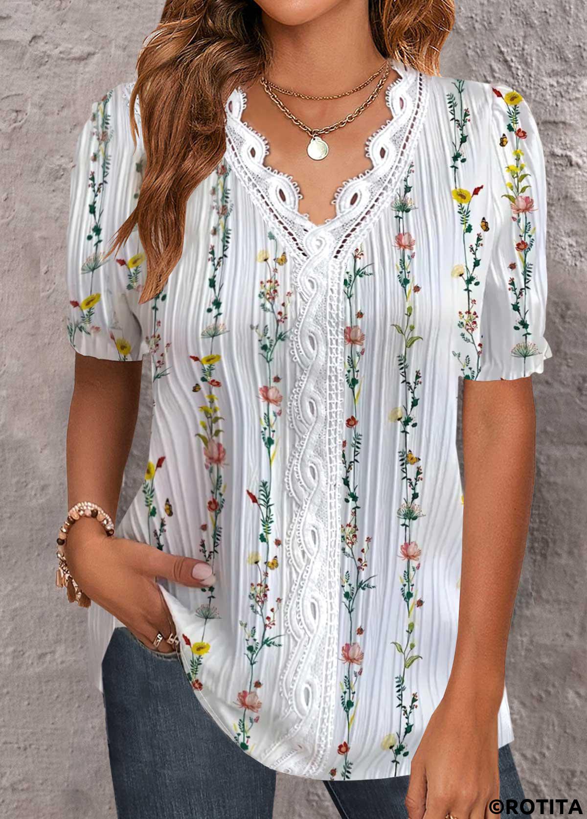 White tops,Floral tops,Plants tops,ROTITA Embroidery Floral Print White V Neck Short Sleeve Blouse