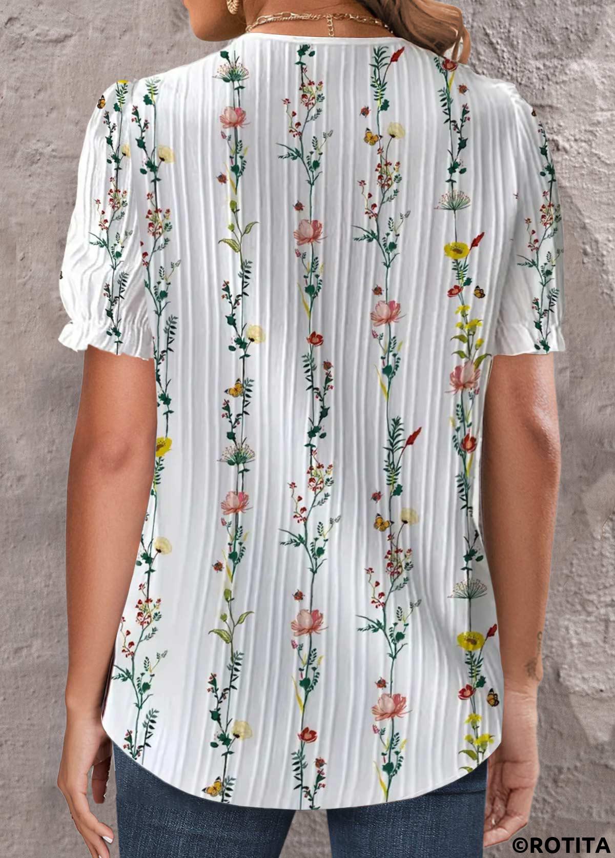 White tops,Floral tops,Plants tops,ROTITA Embroidery Floral Print White V Neck Short Sleeve Blouse