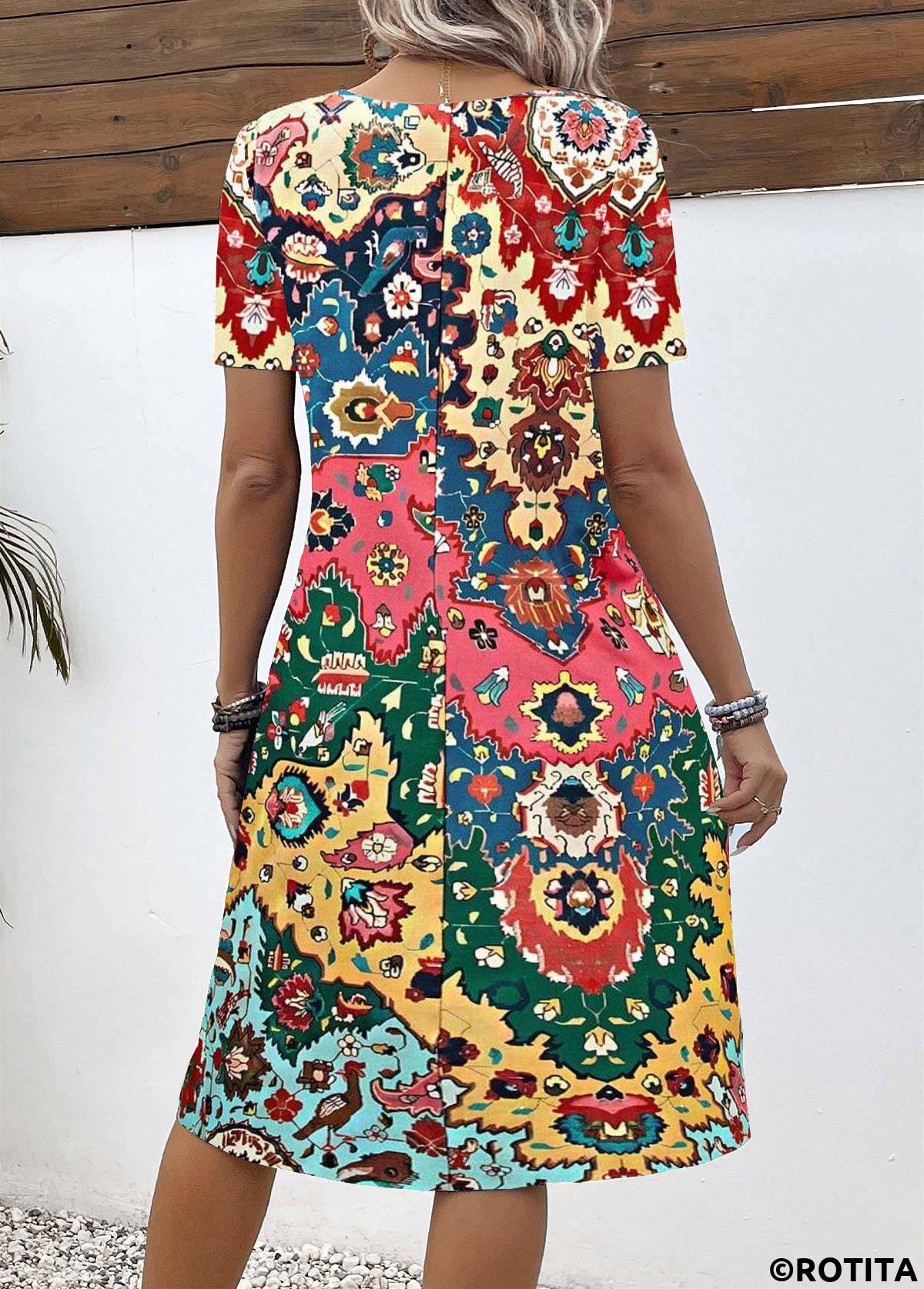 Rainbow Color dresses,Tribal dresses,Everyday dresses,Casual dresses,ROTITA Breathable Tribal Print Rainbow Color A Line Dress