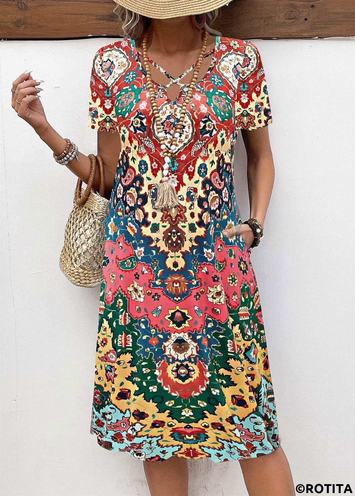 Rainbow Color dresses,Tribal dresses,Everyday dresses,Casual dresses,ROTITA Breathable Tribal Print Rainbow Color A Line Dress