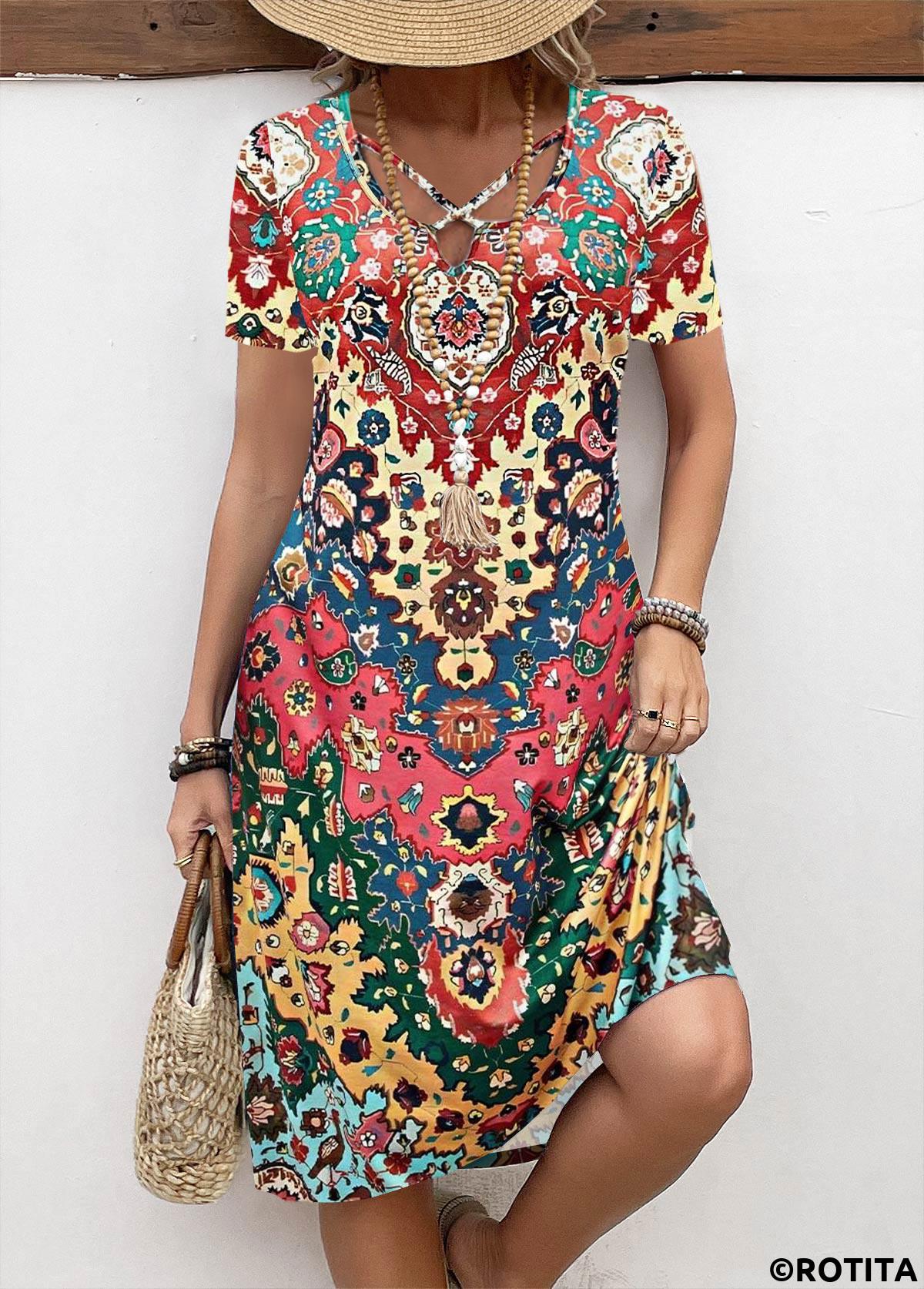 Rainbow Color dresses,Tribal dresses,Everyday dresses,Casual dresses,ROTITA Breathable Tribal Print Rainbow Color A Line Dress