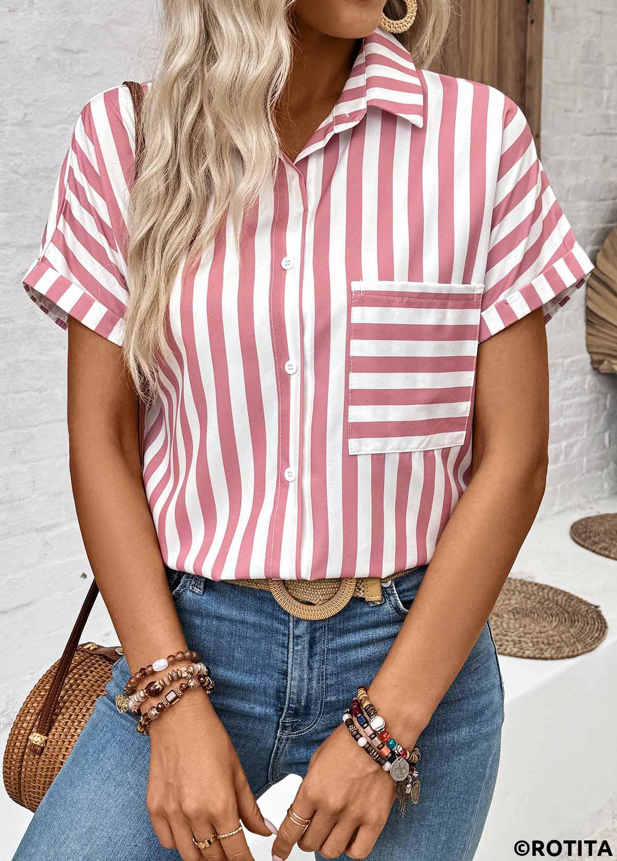 chemise à manches courtes à rayures boutonnées rose