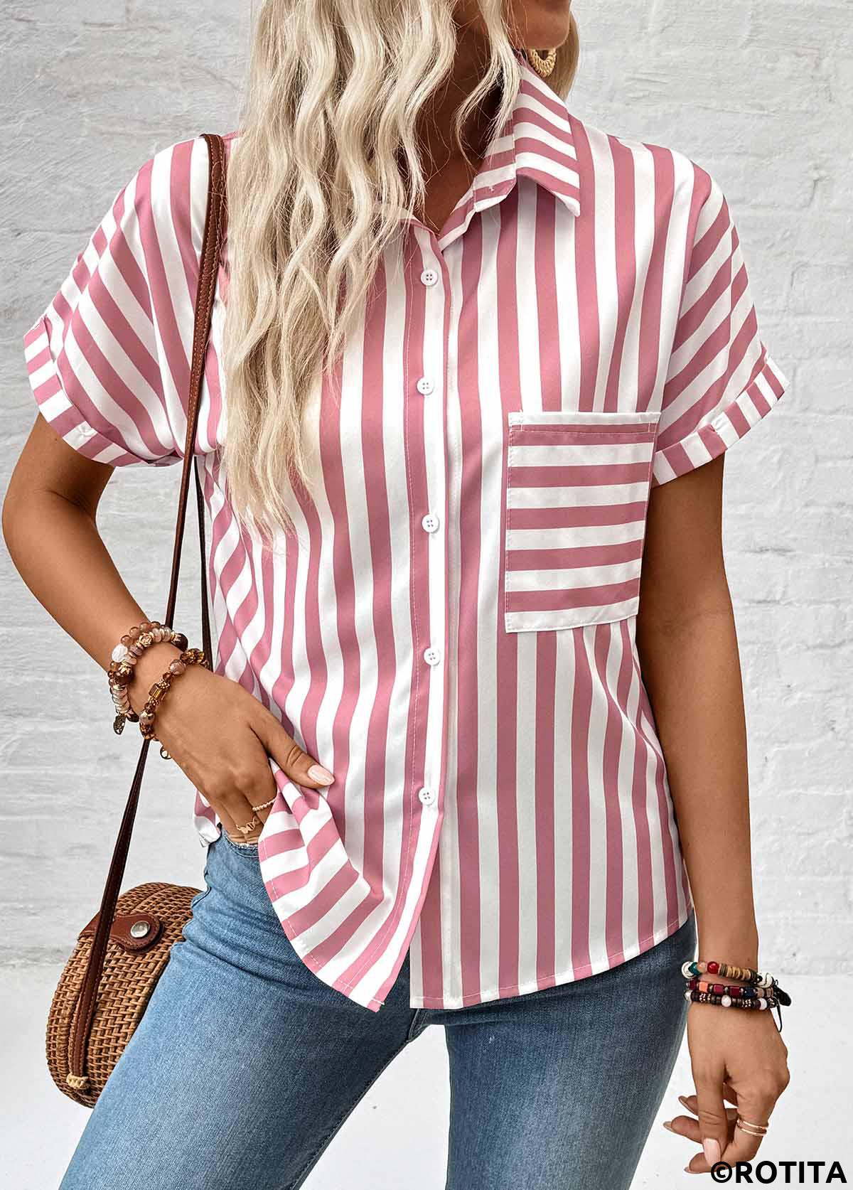 chemise à manches courtes à rayures boutonnées rose