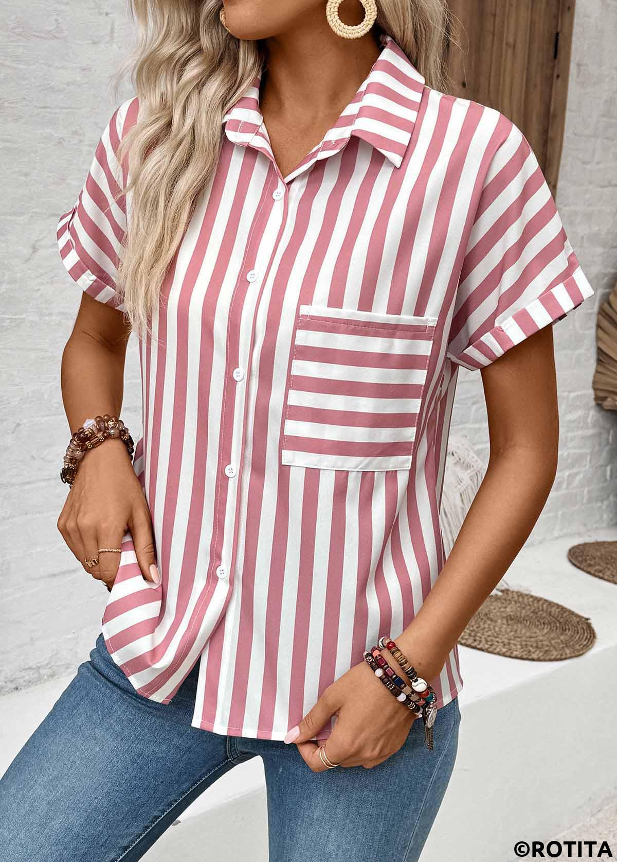 chemise à manches courtes à rayures boutonnées rose