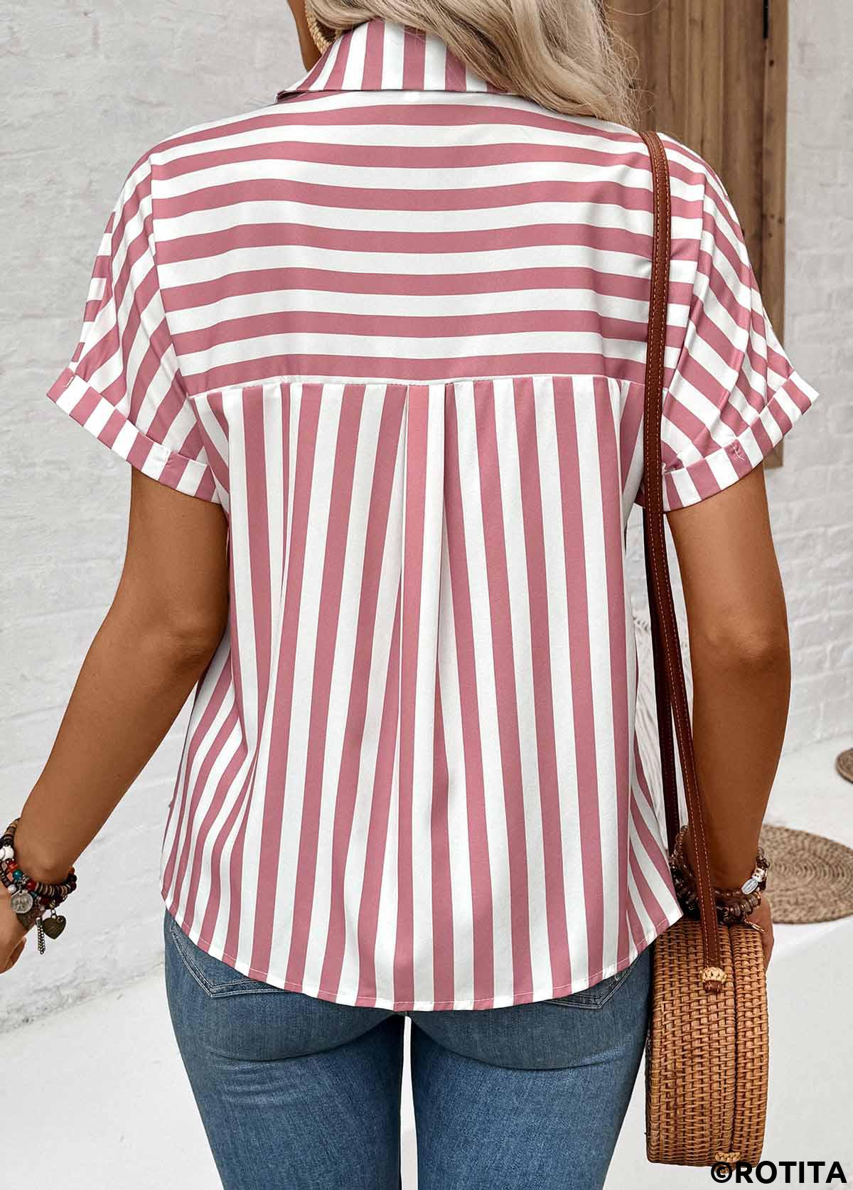 chemise à manches courtes à rayures boutonnées rose
