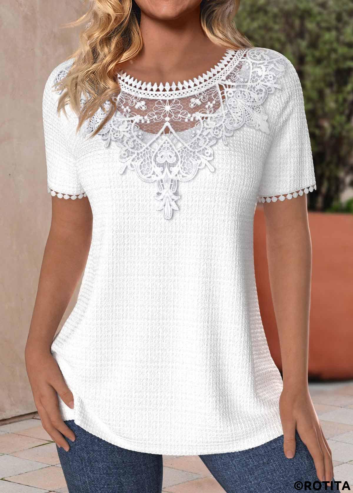 White tops,Plain Color tops,ROTITA Patchwork White Round Neck Short Sleeve T Shirt