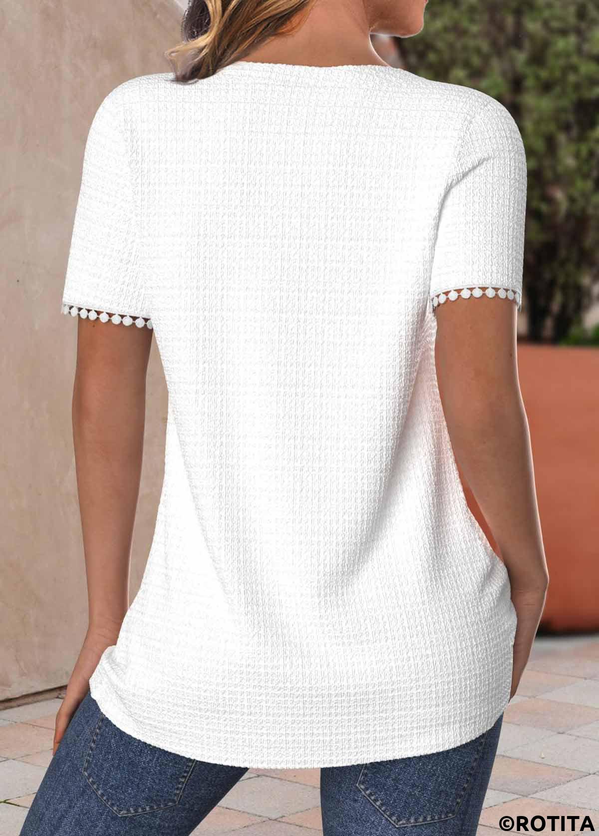White tops,Plain Color tops,ROTITA Patchwork White Round Neck Short Sleeve T Shirt