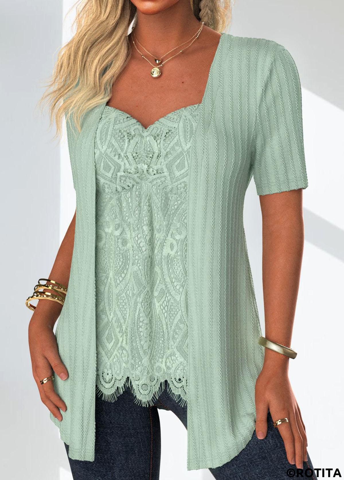 Sage Green tops,Plain Color tops,ROTITA Lace Sage Green Heart Collar Fake Two Piece Twinset