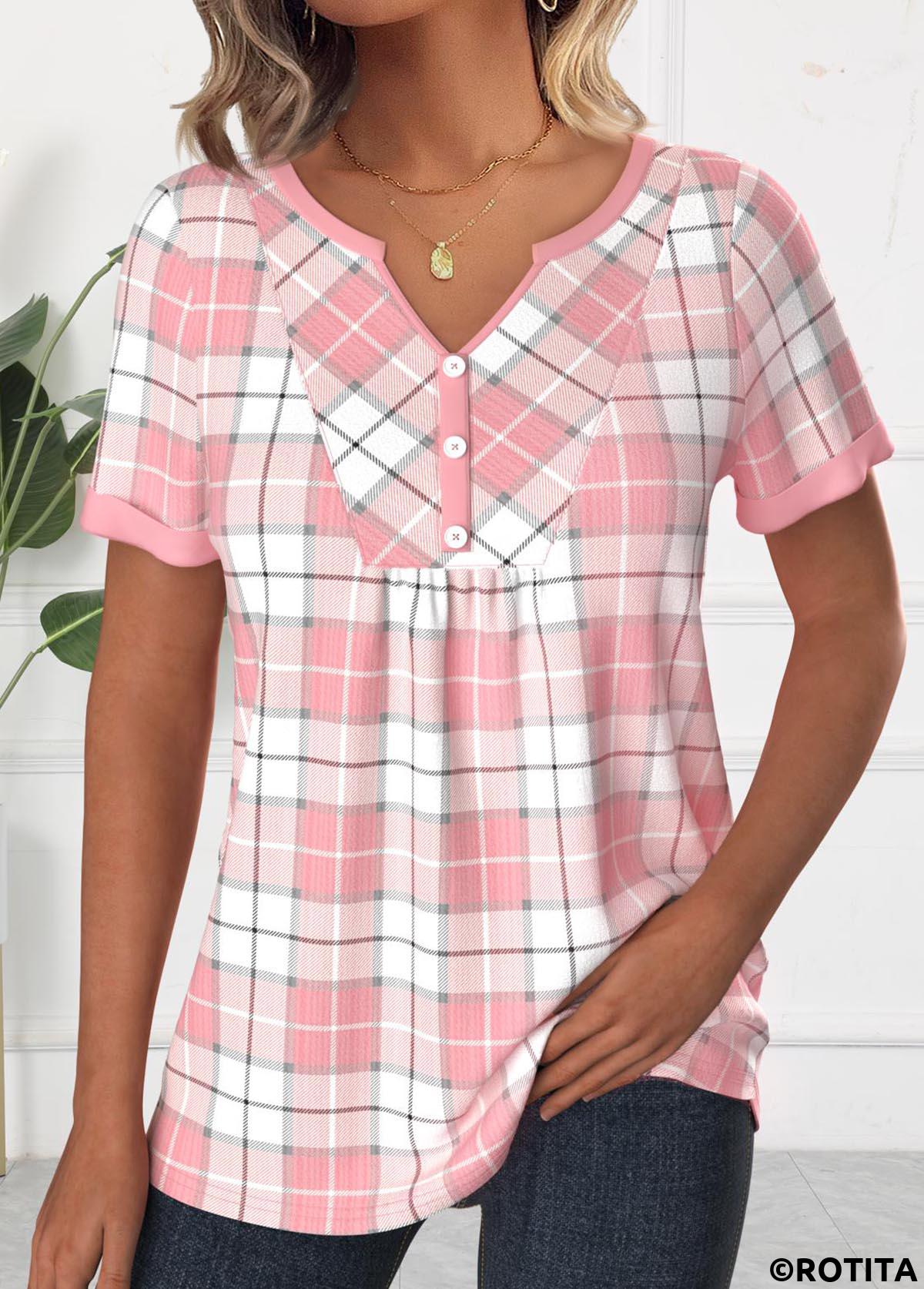 Light Pink tops,Plaid tops,Striped tops,Geometric tops,ROTITA Patchwork Plaid Light Pink Split Neck T Shirt