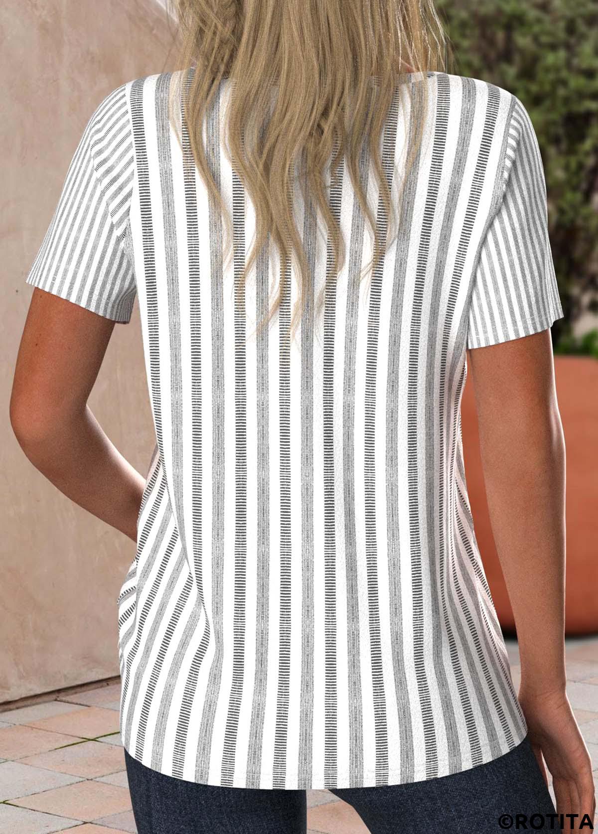Light Grey tops,White tops,Striped tops,Geometric tops,ROTITA Plus Size Button Light Grey Striped T Shirt