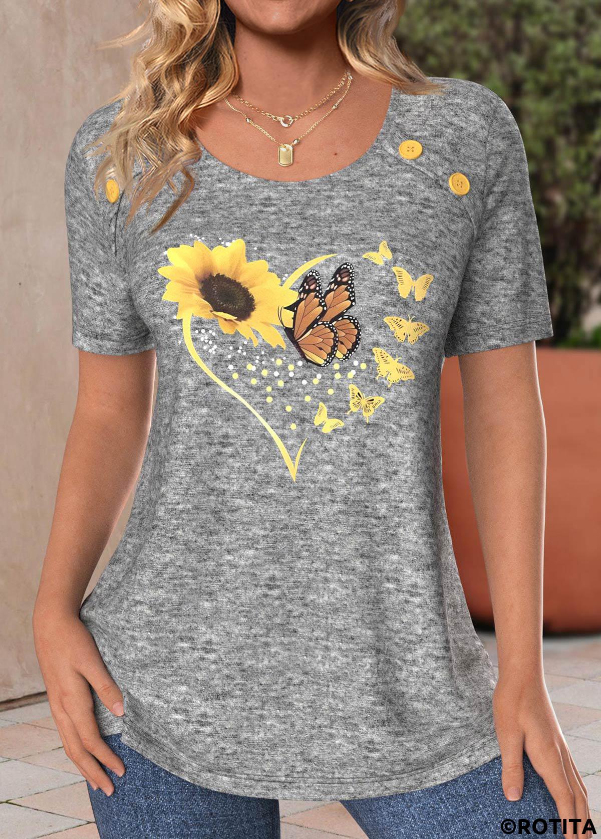 Light Grey Marl tops,Plants tops,Heart tops,Animal Print tops,Dot tops,ROTITA Button Sunflower Print Light Grey Marl T Shirt