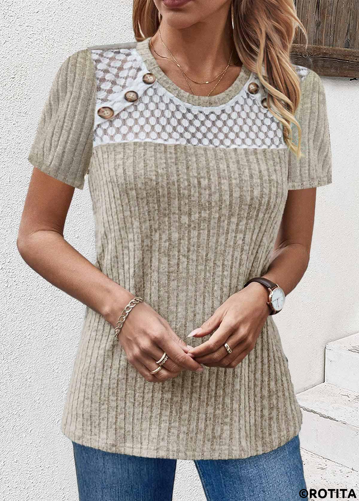 rotita dentelle camel clair col rond t-shirt à manches courtes