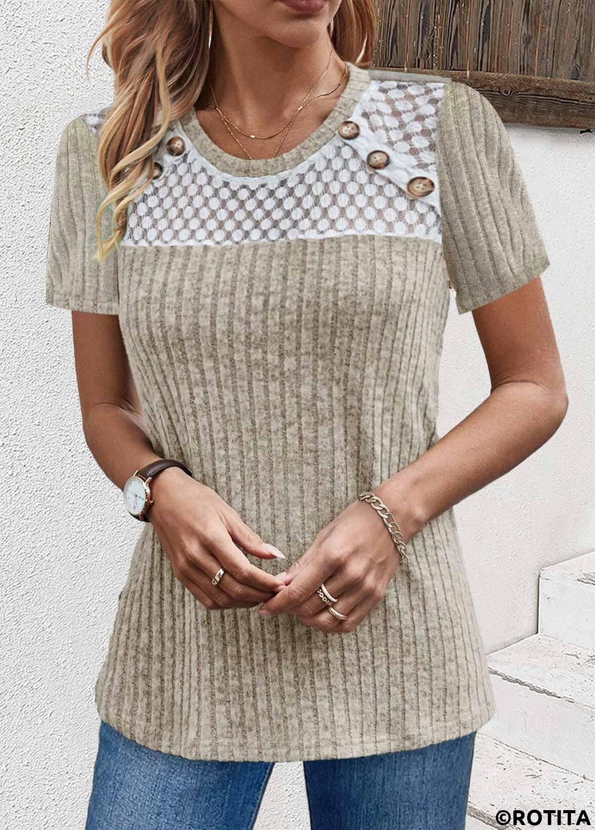 rotita dentelle camel clair col rond t-shirt à manches courtes