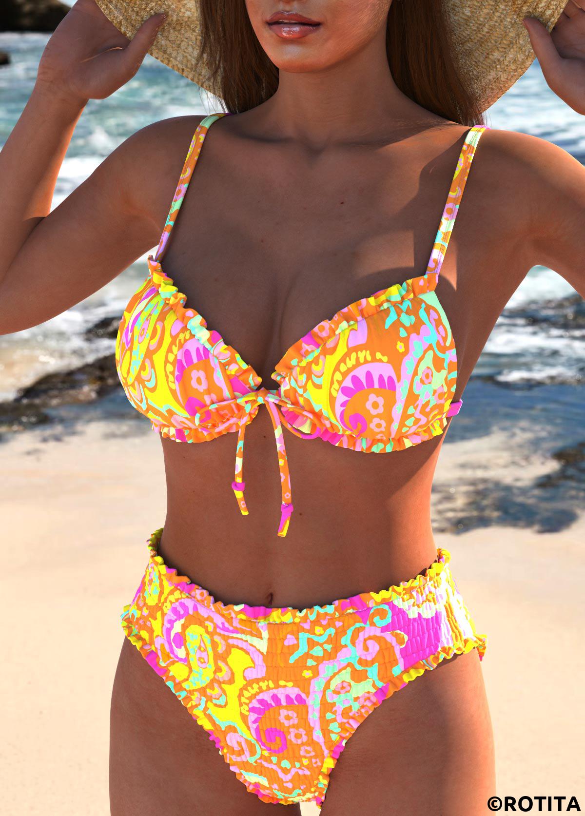 Multi Color swimwear,Paisley swimwear,ROTITA Frill Multi Color Paisley Print Bikini Set