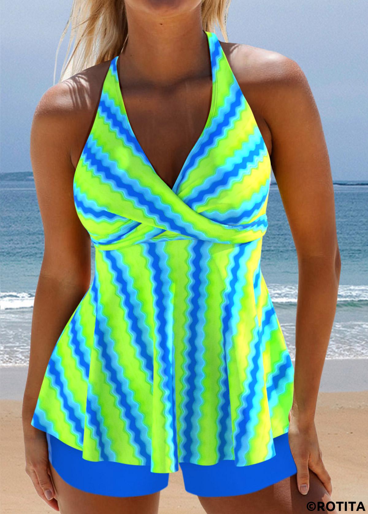 Neon Green swimwear,Striped swimwear,Geometric swimwear,ROTITA Surplice Neon Green Wave Pattern Print Tankini Set