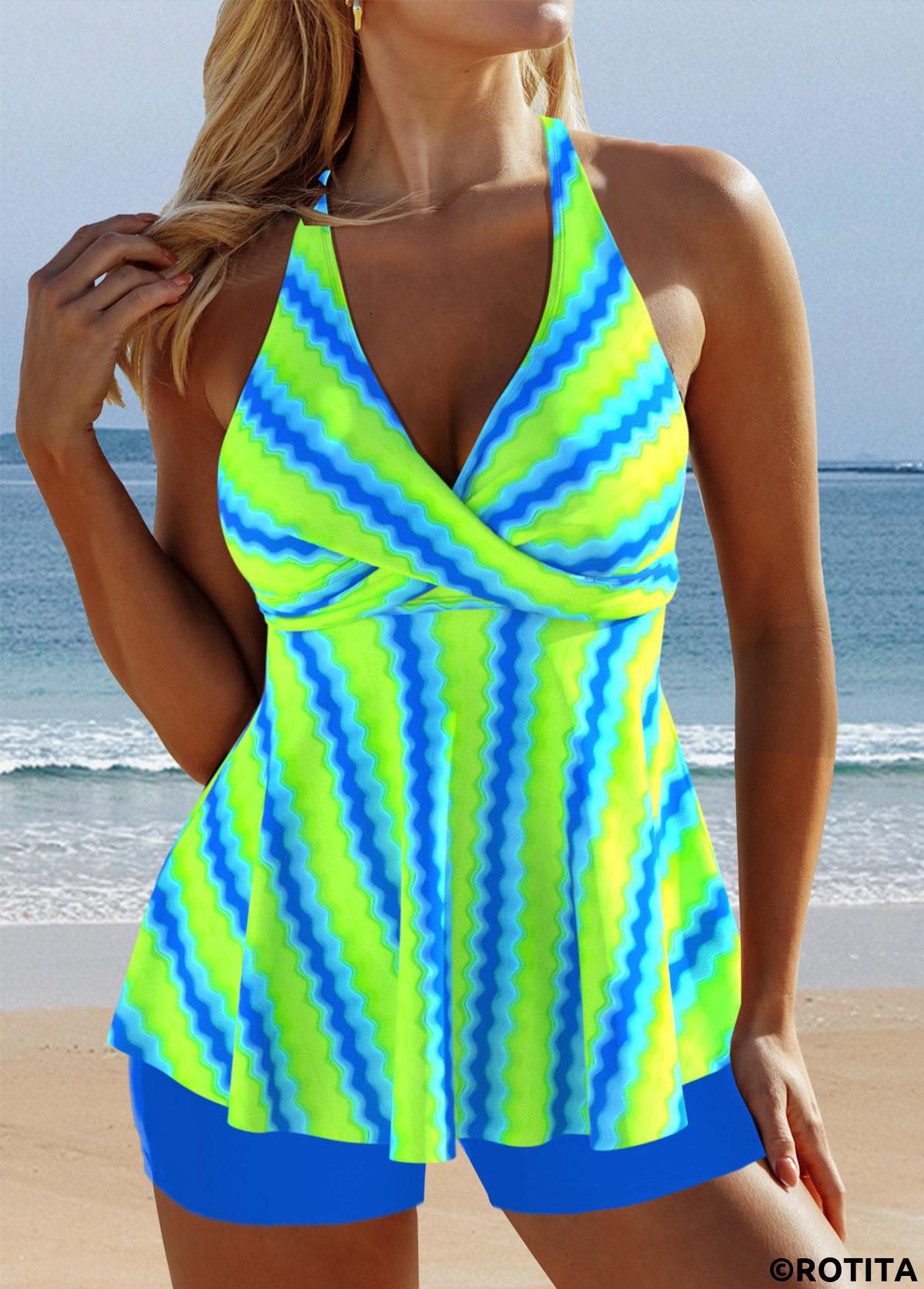 Neon Green swimwear,Striped swimwear,Geometric swimwear,ROTITA Surplice Neon Green Wave Pattern Print Tankini Set