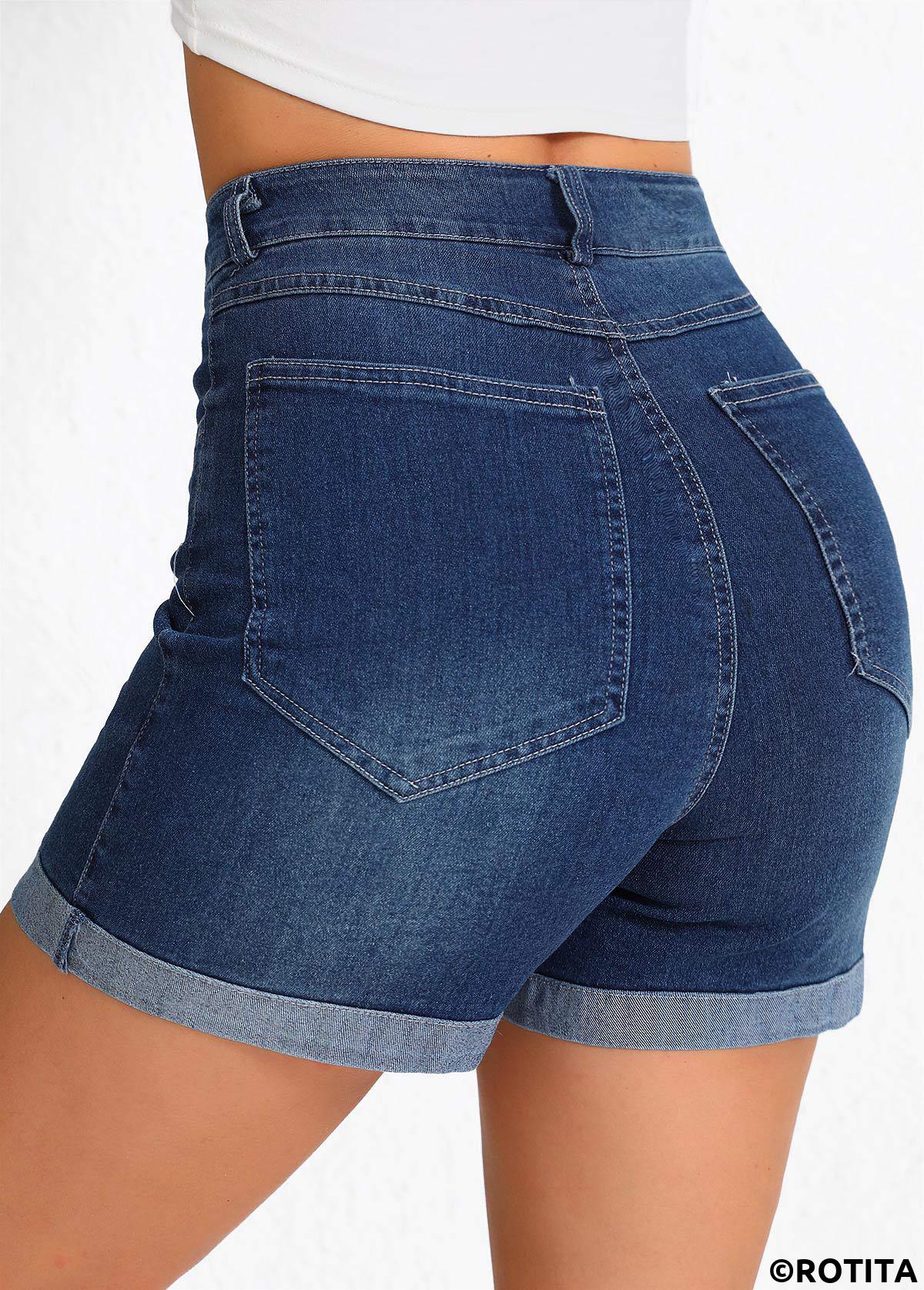 Denim Blue bottoms,Plain Color bottoms,Pocket Regular Button Fly High Waisted Denim Blue Shorts