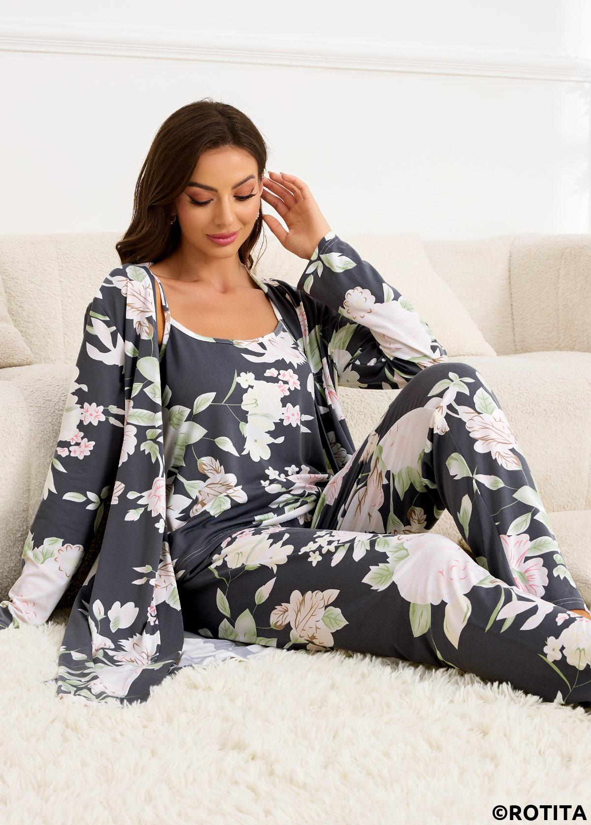 Dark Grey loungewear,Floral loungewear,Plants loungewear,Floral Print Dark Grey Lounge Top and Pants