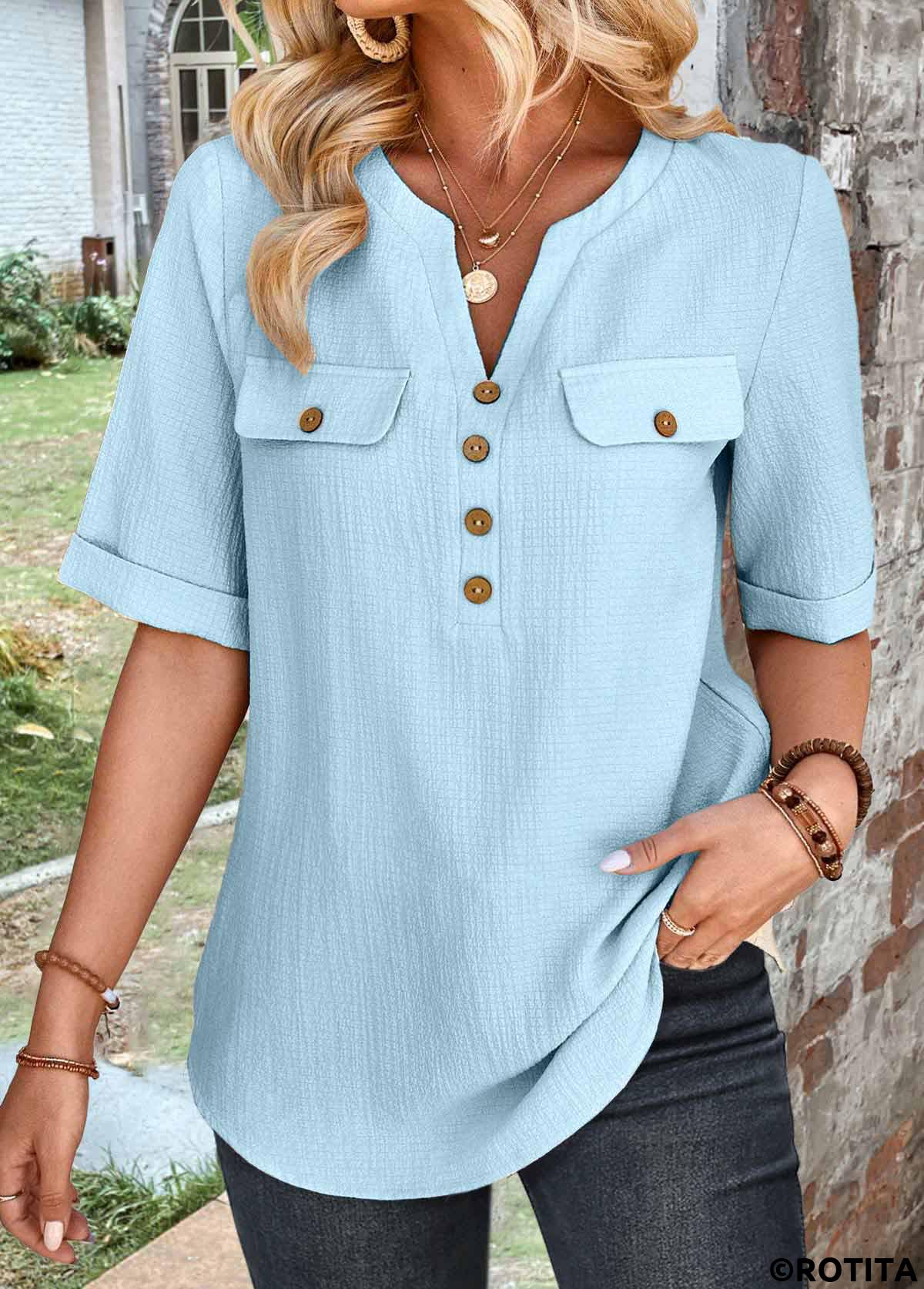 Light Blue tops,Plain Color tops,ROTITA Button Light Blue High Neck Half Sleeve Blouse