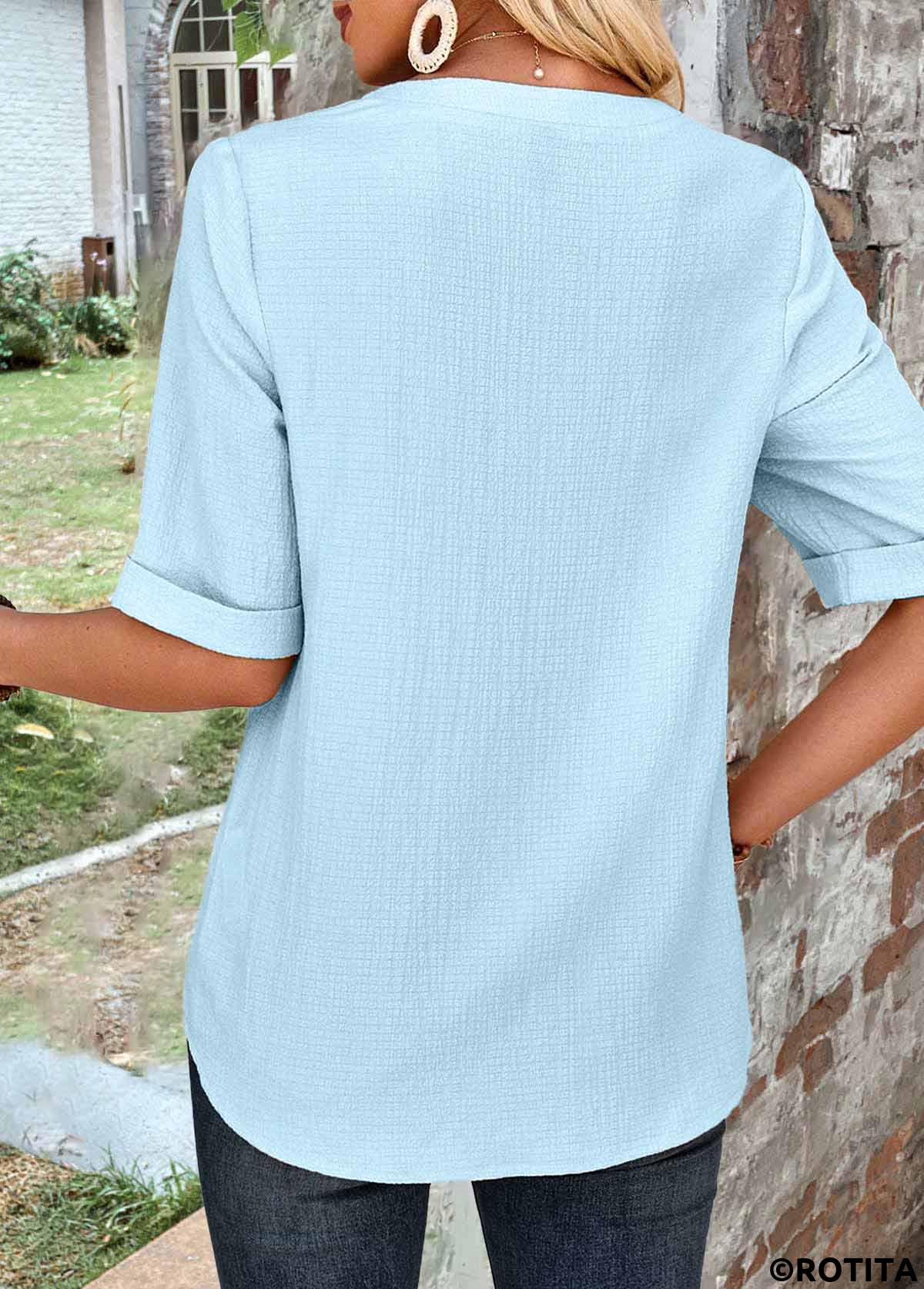 Light Blue tops,Plain Color tops,ROTITA Button Light Blue High Neck Half Sleeve Blouse