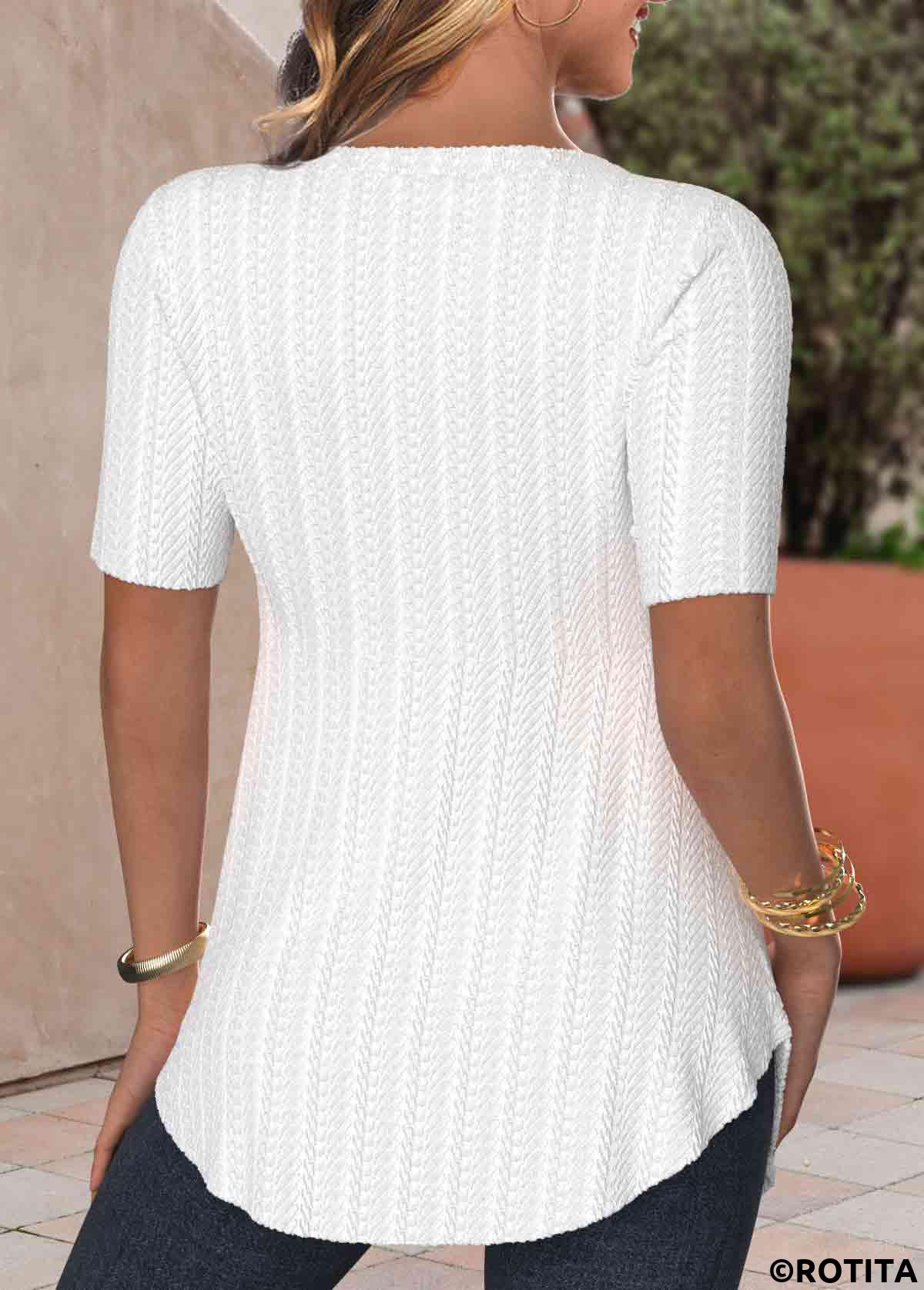 White tops,Plain Color tops,ROTITA Textured Fabric White Heart Collar Fake Two Piece Twinset